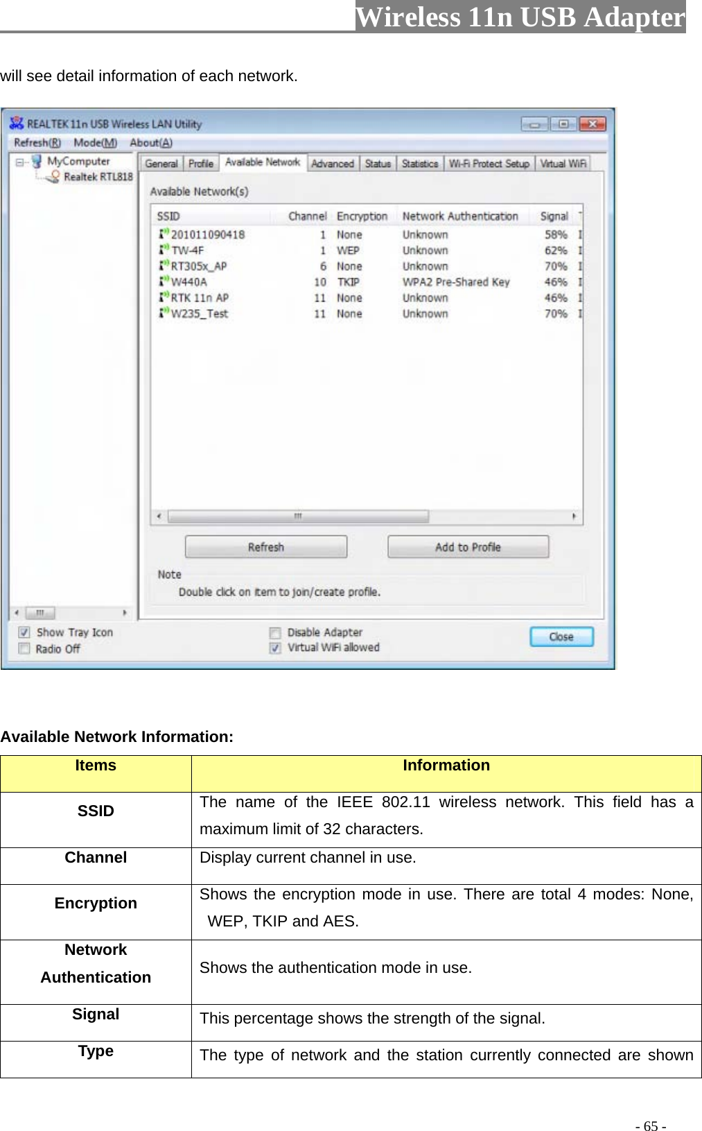                     Wireless 11n USB Adapter       will see detail information of each network.     Available Network Information: Items  Information SSID The name of the IEEE 802.11 wireless network. This field has a maximum limit of 32 characters. Channel Display current channel in use. Encryption  Shows the encryption mode in use. There are total 4 modes: None, WEP, TKIP and AES. Network Authentication  Shows the authentication mode in use. Signal  This percentage shows the strength of the signal. Type  The type of network and the station currently connected are shown                                                                                         - 65 - 