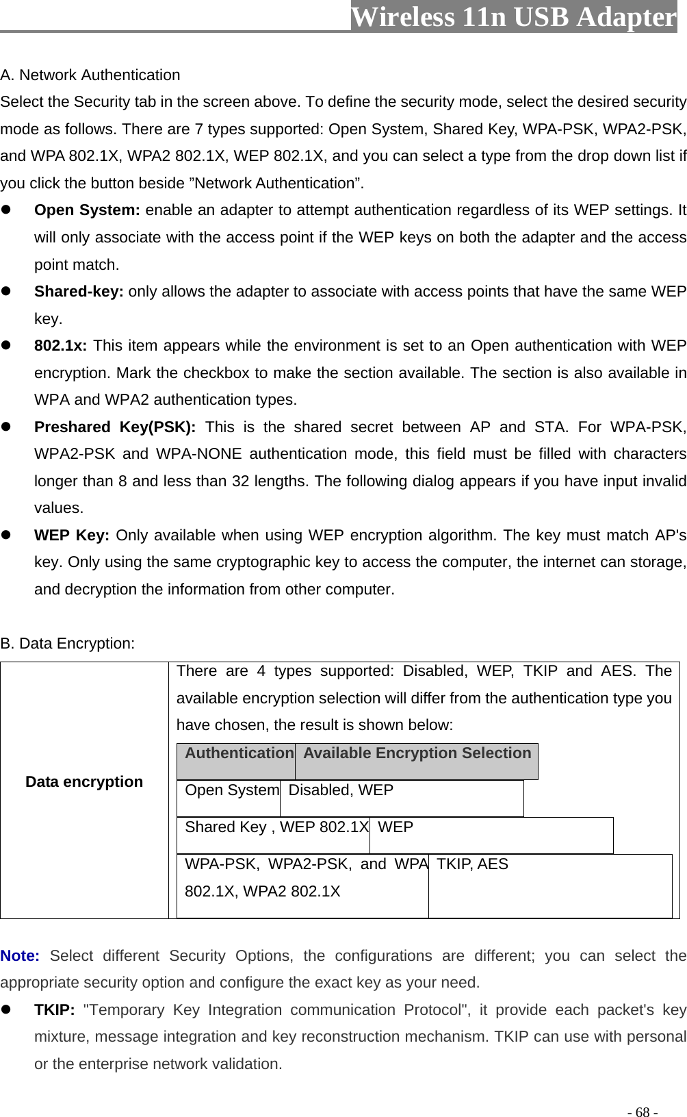                     Wireless 11n USB Adapter       A. Network Authentication Select the Security tab in the screen above. To define the security mode, select the desired security mode as follows. There are 7 types supported: Open System, Shared Key, WPA-PSK, WPA2-PSK, and WPA 802.1X, WPA2 802.1X, WEP 802.1X, and you can select a type from the drop down list if you click the button beside ”Network Authentication”.  Open System: enable an adapter to attempt authentication regardless of its WEP settings. It will only associate with the access point if the WEP keys on both the adapter and the access point match.  Shared-key: only allows the adapter to associate with access points that have the same WEP key.  802.1x: This item appears while the environment is set to an Open authentication with WEP encryption. Mark the checkbox to make the section available. The section is also available in WPA and WPA2 authentication types.  Preshared Key(PSK): This is the shared secret between AP and STA. For WPA-PSK, WPA2-PSK and WPA-NONE authentication mode, this field must be filled with characters longer than 8 and less than 32 lengths. The following dialog appears if you have input invalid values.  WEP Key: Only available when using WEP encryption algorithm. The key must match AP&apos;s key. Only using the same cryptographic key to access the computer, the internet can storage, and decryption the information from other computer.  B. Data Encryption: Data encryption There are 4 types supported: Disabled, WEP, TKIP and AES. The available encryption selection will differ from the authentication type you have chosen, the result is shown below: Authentication  Available Encryption Selection  Open System Disabled, WEP    Shared Key , WEP 802.1X  WEP   WPA-PSK, WPA2-PSK, and WPA 802.1X, WPA2 802.1X TKIP, AES   Note:  Select different Security Options, the configurations are different; you can select the appropriate security option and configure the exact key as your need.  TKIP: &quot;Temporary Key Integration communication Protocol&quot;, it provide each packet&apos;s key mixture, message integration and key reconstruction mechanism. TKIP can use with personal or the enterprise network validation.                                                                                         - 68 - 