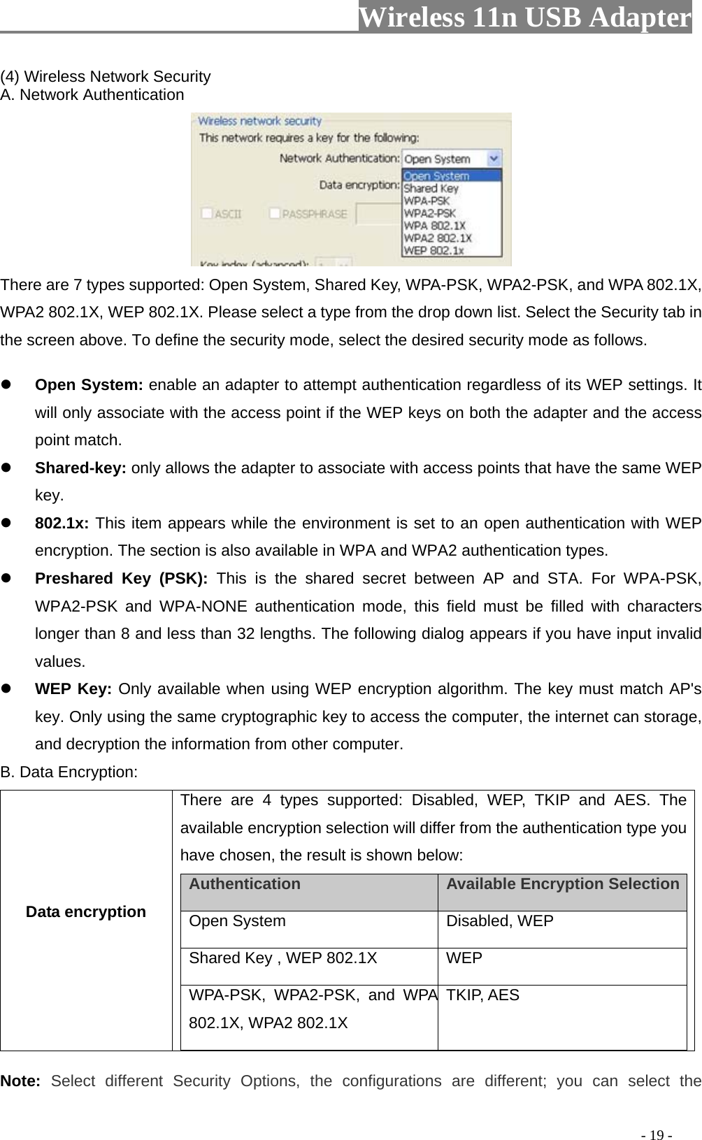                         Wireless 11n USB Adapter                                                                                          - 19 - (4) Wireless Network Security A. Network Authentication  There are 7 types supported: Open System, Shared Key, WPA-PSK, WPA2-PSK, and WPA 802.1X, WPA2 802.1X, WEP 802.1X. Please select a type from the drop down list. Select the Security tab in the screen above. To define the security mode, select the desired security mode as follows.  z Open System: enable an adapter to attempt authentication regardless of its WEP settings. It will only associate with the access point if the WEP keys on both the adapter and the access point match. z Shared-key: only allows the adapter to associate with access points that have the same WEP key. z 802.1x: This item appears while the environment is set to an open authentication with WEP encryption. The section is also available in WPA and WPA2 authentication types. z Preshared Key (PSK): This is the shared secret between AP and STA. For WPA-PSK, WPA2-PSK and WPA-NONE authentication mode, this field must be filled with characters longer than 8 and less than 32 lengths. The following dialog appears if you have input invalid values. z WEP Key: Only available when using WEP encryption algorithm. The key must match AP&apos;s key. Only using the same cryptographic key to access the computer, the internet can storage, and decryption the information from other computer. B. Data Encryption: Data encryption There are 4 types supported: Disabled, WEP, TKIP and AES. The available encryption selection will differ from the authentication type you have chosen, the result is shown below: Authentication    Available Encryption Selection  Open System   Disabled, WEP    Shared Key , WEP 802.1X    WEP   WPA-PSK, WPA2-PSK, and WPA 802.1X, WPA2 802.1X TKIP, AES Note:  Select different Security Options, the configurations are different; you can select the 
