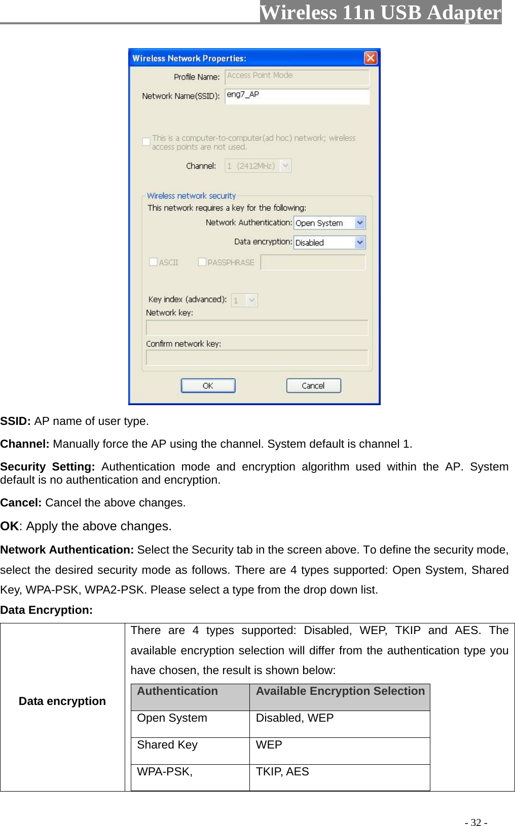                         Wireless 11n USB Adapter                                                                                          - 32 -  SSID: AP name of user type.   Channel: Manually force the AP using the channel. System default is channel 1.   Security Setting: Authentication mode and encryption algorithm used within the AP. System default is no authentication and encryption.   Cancel: Cancel the above changes.   OK: Apply the above changes.   Network Authentication: Select the Security tab in the screen above. To define the security mode, select the desired security mode as follows. There are 4 types supported: Open System, Shared Key, WPA-PSK, WPA2-PSK. Please select a type from the drop down list. Data Encryption: Data encryption There are 4 types supported: Disabled, WEP, TKIP and AES. The available encryption selection will differ from the authentication type you have chosen, the result is shown below:   Authentication    Available Encryption Selection  Open System   Disabled, WEP   Shared Key   WEP  WPA-PSK, TKIP, AES 