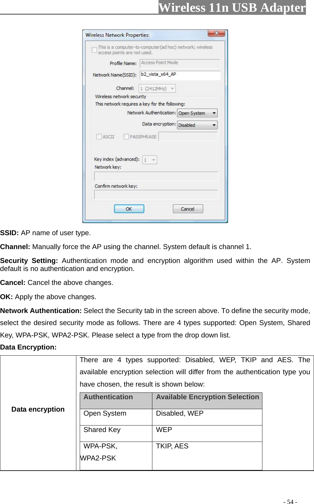                         Wireless 11n USB Adapter                                                                                          - 54 -  SSID: AP name of user type.   Channel: Manually force the AP using the channel. System default is channel 1.   Security Setting: Authentication mode and encryption algorithm used within the AP. System default is no authentication and encryption.   Cancel: Cancel the above changes.   OK: Apply the above changes.   Network Authentication: Select the Security tab in the screen above. To define the security mode, select the desired security mode as follows. There are 4 types supported: Open System, Shared Key, WPA-PSK, WPA2-PSK. Please select a type from the drop down list. Data Encryption: Data encryption There are 4 types supported: Disabled, WEP, TKIP and AES. The available encryption selection will differ from the authentication type you have chosen, the result is shown below:   Authentication    Available Encryption Selection  Open System   Disabled, WEP   Shared Key   WEP  WPA-PSK, WPA2-PSK TKIP, AES 