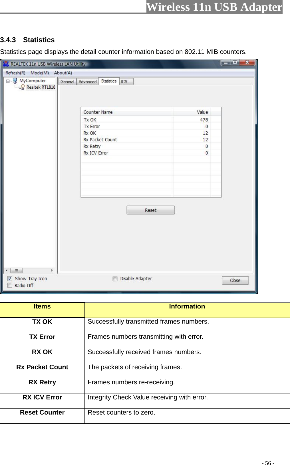                         Wireless 11n USB Adapter                                                                                          - 56 - 3.4.3  Statistics Statistics page displays the detail counter information based on 802.11 MIB counters.     Items  Information TX OK Successfully transmitted frames numbers. TX Error  Frames numbers transmitting with error. RX OK  Successfully received frames numbers. Rx Packet Count  The packets of receiving frames. RX Retry  Frames numbers re-receiving. RX ICV Error  Integrity Check Value receiving with error. Reset Counter Reset counters to zero. 