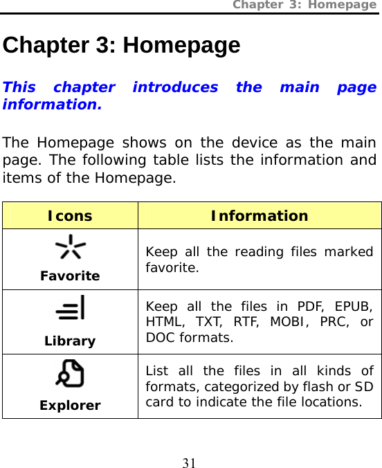 Chapter 3: Homepage  31 Chapter 3: Homepage This chapter introduces the main page information.  The Homepage shows on the device as the main page. The following table lists the information and items of the Homepage.  Icons Information Favorite Keep all the reading files marked favorite. LibraryKeep all the files in PDF, EPUB, HTML, TXT, RTF, MOBI, PRC, or DOC formats.  Explorer List all the files in all kinds of formats, categorized by flash or SD card to indicate the file locations. 