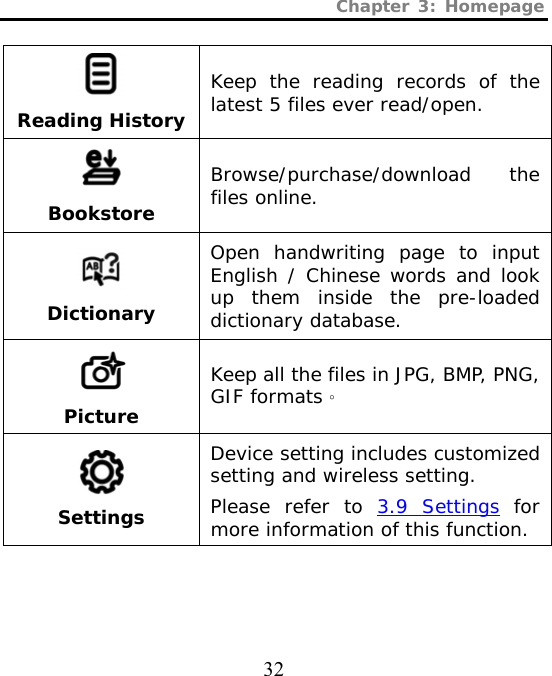 Chapter 3: Homepage  32  Reading History Keep the reading records of the latest 5 files ever read/open.  Bookstore Browse/purchase/download the files online.  Dictionary Open handwriting page to input English / Chinese words and look up them inside the pre-loaded dictionary database.  Picture Keep all the files in JPG, BMP, PNG, GIF formats。  Settings Device setting includes customized setting and wireless setting. Please refer to 3.9 Settings for more information of this function. 