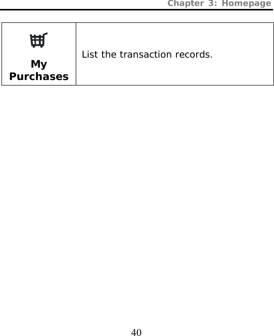 Chapter 3: Homepage  40  My Purchases List the transaction records.                    