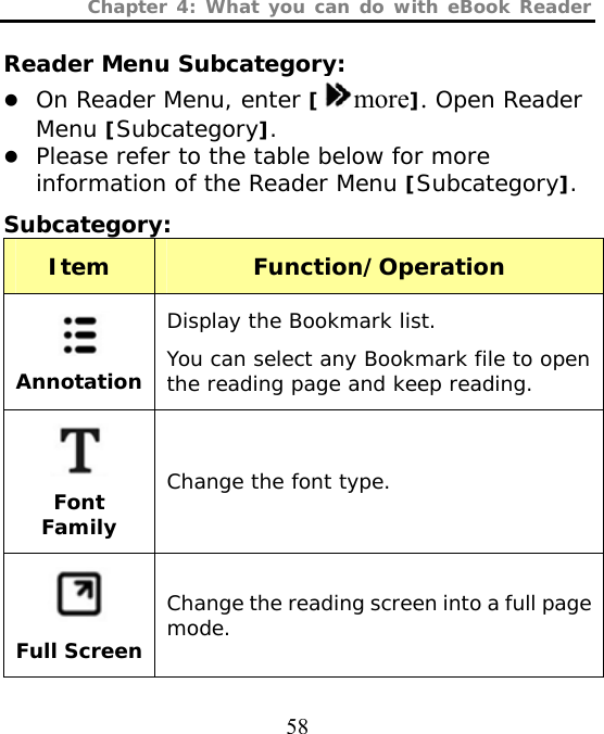 Chapter 4: What you can do with eBook Reader  58 Reader Menu Subcategory: z On Reader Menu, enter [more]. Open Reader Menu [Subcategory]. z Please refer to the table below for more information of the Reader Menu [Subcategory]. Subcategory:   Item  Function/Operation  Annotation Display the Bookmark list. You can select any Bookmark file to open the reading page and keep reading.  Font Family Change the font type.  Full Screen Change the reading screen into a full page mode. 