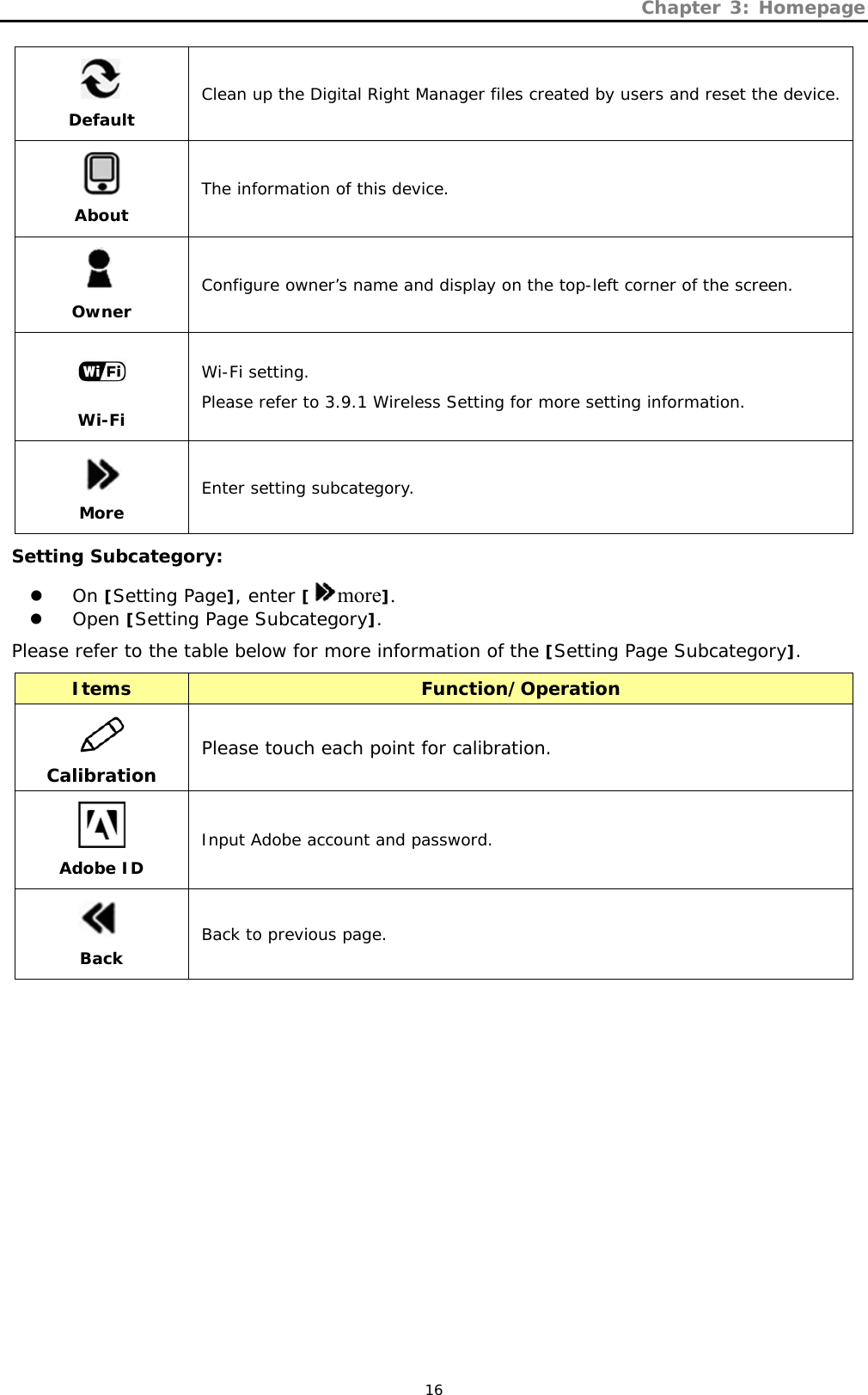 Chapter 3: Homepage   16  Default Clean up the Digital Right Manager files created by users and reset the device.  About The information of this device.  Owner Configure owner’s name and display on the top-left corner of the screen.  Wi-Fi Wi-Fi setting. Please refer to 3.9.1 Wireless Setting for more setting information.  More  Enter setting subcategory. Setting Subcategory: z On [Setting Page], enter [more]. z Open [Setting Page Subcategory]. Please refer to the table below for more information of the [Setting Page Subcategory]. Items  Function/Operation  Calibration  Please touch each point for calibration.  Adobe ID Input Adobe account and password.  Back Back to previous page.  