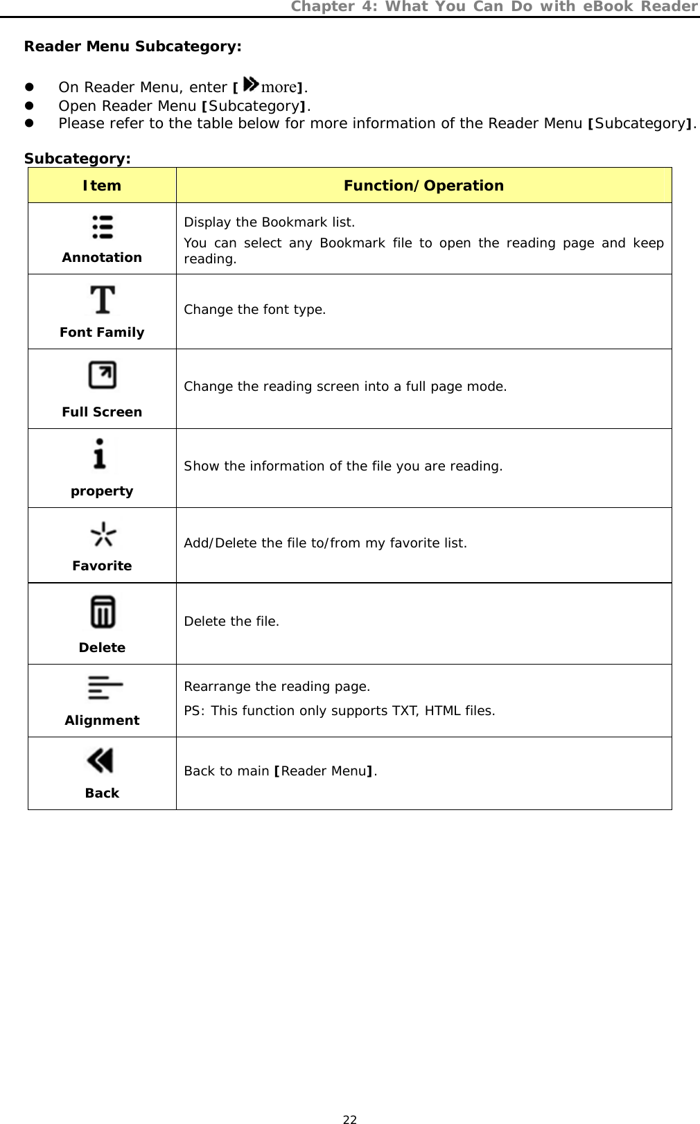 Chapter 4: What You Can Do with eBook Reader   22 Reader Menu Subcategory:  z On Reader Menu, enter [more]. z Open Reader Menu [Subcategory]. z Please refer to the table below for more information of the Reader Menu [Subcategory].  Subcategory:  Item  Function/Operation  Annotation Display the Bookmark list. You can select any Bookmark file to open the reading page and keep reading.   Font Family Change the font type.  Full Screen Change the reading screen into a full page mode.  property Show the information of the file you are reading.  Favorite Add/Delete the file to/from my favorite list.  Delete Delete the file.  Alignment Rearrange the reading page. PS: This function only supports TXT, HTML files.  Back Back to main [Reader Menu]. 