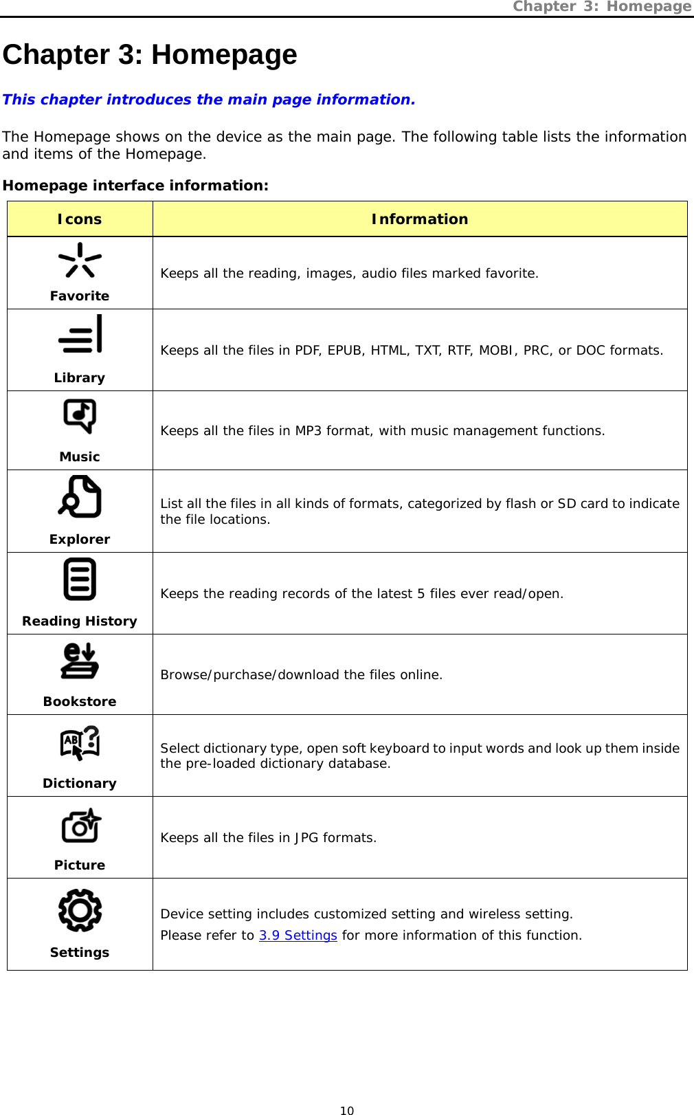 Chapter 3: Homepage   10 Chapter 3: Homepage This chapter introduces the main page information.  The Homepage shows on the device as the main page. The following table lists the information and items of the Homepage.  Homepage interface information: Icons Information Favorite Keeps all the reading, images, audio files marked favorite. LibraryKeeps all the files in PDF, EPUB, HTML, TXT, RTF, MOBI, PRC, or DOC formats.  Music Keeps all the files in MP3 format, with music management functions.  Explorer List all the files in all kinds of formats, categorized by flash or SD card to indicate the file locations.  Reading History Keeps the reading records of the latest 5 files ever read/open.  Bookstore Browse/purchase/download the files online.  Dictionary Select dictionary type, open soft keyboard to input words and look up them inside the pre-loaded dictionary database.  Picture Keeps all the files in JPG formats.  Settings Device setting includes customized setting and wireless setting. Please refer to 3.9 Settings for more information of this function. 