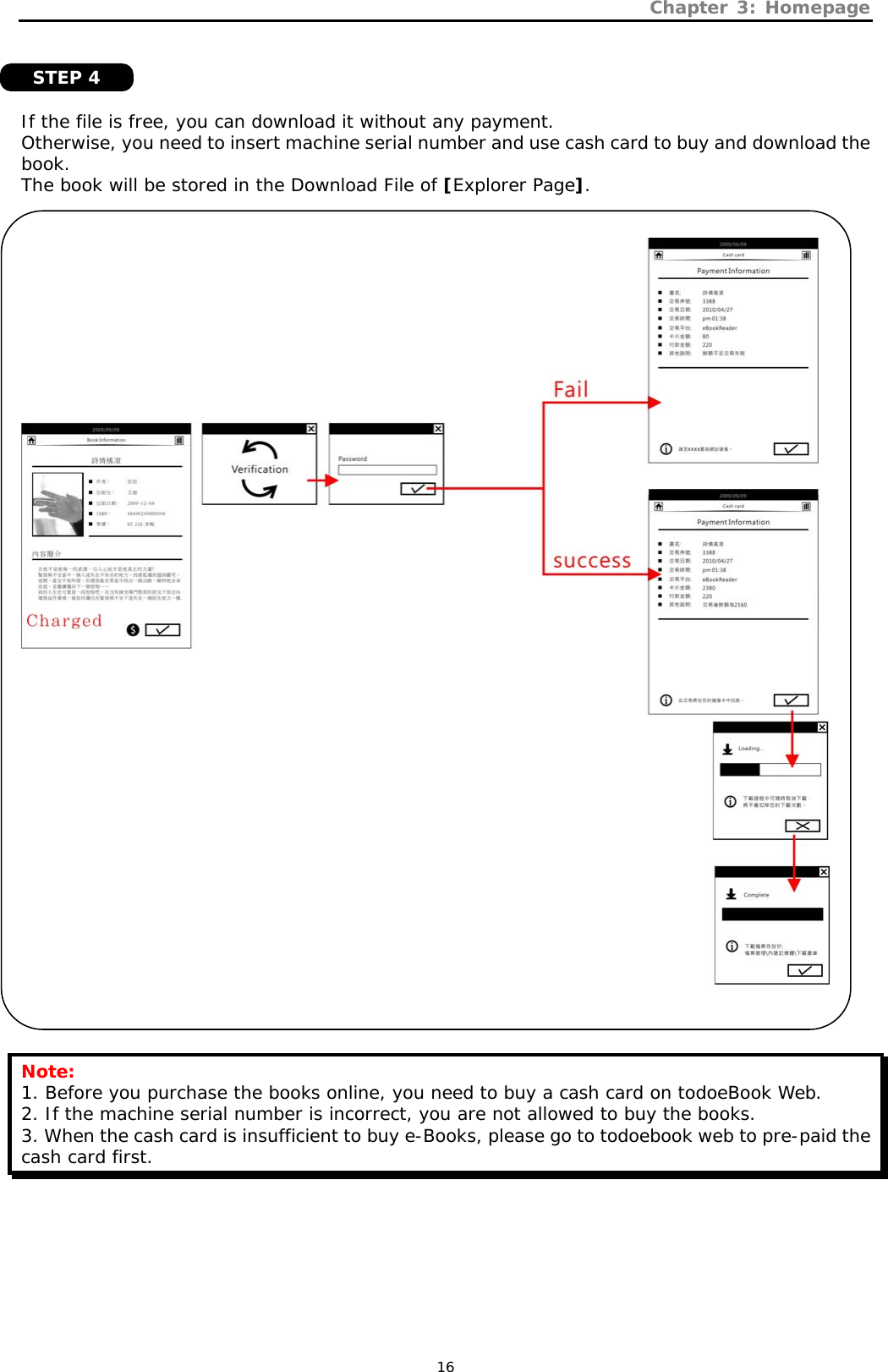 Chapter 3: Homepage   16    If the file is free, you can download it without any payment.  Otherwise, you need to insert machine serial number and use cash card to buy and download the book. The book will be stored in the Download File of [Explorer Page].       Note: 1. Before you purchase the books online, you need to buy a cash card on todoeBook Web.  2. If the machine serial number is incorrect, you are not allowed to buy the books. 3. When the cash card is insufficient to buy e-Books, please go to todoebook web to pre-paid the cash card first.   STEP 4 