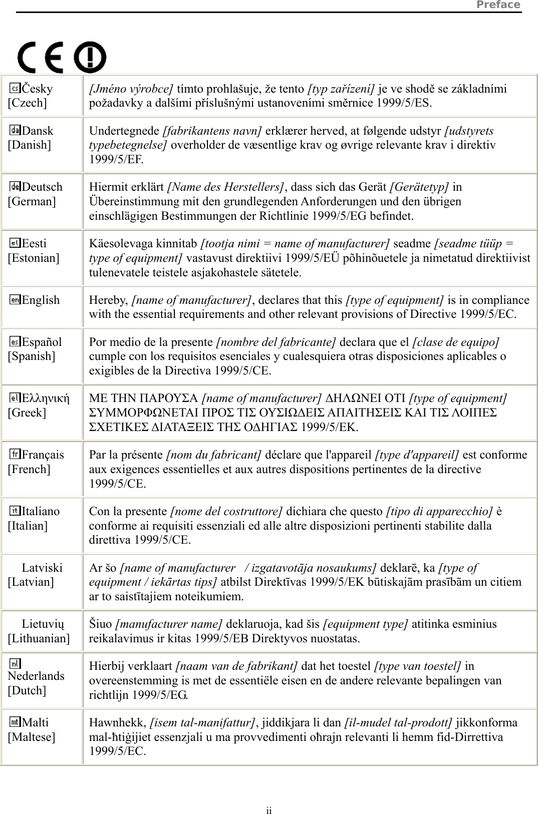 Preface  ii    Česky [Czech] [Jméno výrobce] tímto prohlašuje, že tento [typ zařízení] je ve shodě se základními požadavky a dalšími příslušnými ustanoveními směrnice 1999/5/ES. Dansk [Danish] Undertegnede [fabrikantens navn] erklærer herved, at følgende udstyr [udstyrets typebetegnelse] overholder de væsentlige krav og øvrige relevante krav i direktiv 1999/5/EF. Deutsch [German] Hiermit erklärt [Name des Herstellers], dass sich das Gerät [Gerätetyp] in Übereinstimmung mit den grundlegenden Anforderungen und den übrigen einschlägigen Bestimmungen der Richtlinie 1999/5/EG befindet. Eesti [Estonian] Käesolevaga kinnitab [tootja nimi = name of manufacturer] seadme [seadme tüüp = type of equipment] vastavust direktiivi 1999/5/EÜ põhinõuetele ja nimetatud direktiivist tulenevatele teistele asjakohastele sätetele. English Hereby, [name of manufacturer], declares that this [type of equipment] is in compliance with the essential requirements and other relevant provisions of Directive 1999/5/EC. Español [Spanish] Por medio de la presente [nombre del fabricante] declara que el [clase de equipo] cumple con los requisitos esenciales y cualesquiera otras disposiciones aplicables o exigibles de la Directiva 1999/5/CE. Ελληνική [Greek] ΜΕ ΤΗΝ ΠΑΡΟΥΣΑ [name of manufacturer] ΔΗΛΩΝΕΙ ΟΤΙ [type of equipment] ΣΥΜΜΟΡΦΩΝΕΤΑΙ ΠΡΟΣ ΤΙΣ ΟΥΣΙΩΔΕΙΣ ΑΠΑΙΤΗΣΕΙΣ ΚΑΙ ΤΙΣ ΛΟΙΠΕΣ ΣΧΕΤΙΚΕΣ ΔΙΑΤΑΞΕΙΣ ΤΗΣ ΟΔΗΓΙΑΣ 1999/5/ΕΚ. Français [French] Par la présente [nom du fabricant] déclare que l&apos;appareil [type d&apos;appareil] est conforme aux exigences essentielles et aux autres dispositions pertinentes de la directive 1999/5/CE. Italiano [Italian] Con la presente [nome del costruttore] dichiara che questo [tipo di apparecchio] è conforme ai requisiti essenziali ed alle altre disposizioni pertinenti stabilite dalla direttiva 1999/5/CE. Latviski [Latvian] Ar šo [name of manufacturer   / izgatavotāja nosaukums] deklarē, ka [type of equipment / iekārtas tips] atbilst Direktīvas 1999/5/EK būtiskajām prasībām un citiem ar to saistītajiem noteikumiem. Lietuvių [Lithuanian]  Šiuo [manufacturer name] deklaruoja, kad šis [equipment type] atitinka esminius reikalavimus ir kitas 1999/5/EB Direktyvos nuostatas. Nederlands [Dutch] Hierbij verklaart [naam van de fabrikant] dat het toestel [type van toestel] in overeenstemming is met de essentiële eisen en de andere relevante bepalingen van richtlijn 1999/5/EG. Malti [Maltese] Hawnhekk, [isem tal-manifattur], jiddikjara li dan [il-mudel tal-prodott] jikkonforma mal-ħtiġijiet essenzjali u ma provvedimenti oħrajn relevanti li hemm fid-Dirrettiva 1999/5/EC. 