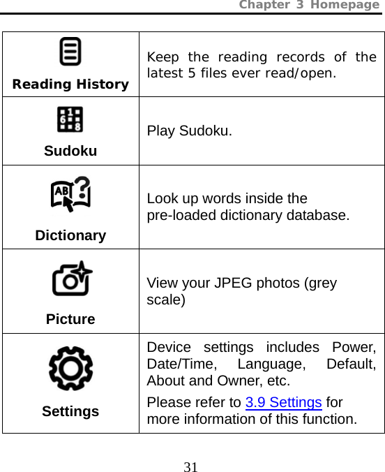 Chapter 3 Homepage  31  Reading History Keep the reading records of the latest 5 files ever read/open.  Sudoku Play Sudoku.  Dictionary Look up words inside the pre-loaded dictionary database.    Picture View your JPEG photos (grey scale)  Settings Device settings includes Power, Date/Time, Language, Default, About and Owner, etc. Please refer to 3.9 Settings for more information of this function. 