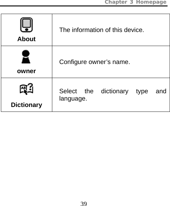 Chapter 3 Homepage  39  About The information of this device.  owner Configure owner’s name.  Dictionary Select the dictionary type and language.  