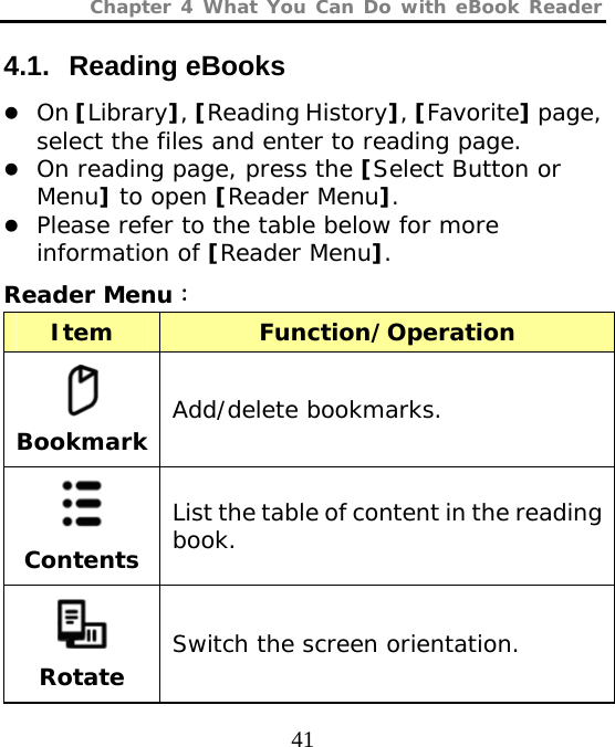 Chapter 4 What You Can Do with eBook Reader  41 4.1. Reading eBooks z On [Library], [Reading History], [Favorite] page, select the files and enter to reading page.z On reading page, press the [Select Button or Menu] to open [Reader Menu].z Please refer to the table below for more information of [Reader Menu].Reader Menu： Item Function/Operation  Bookmark Add/delete bookmarks.  Contents List the table of content in the reading book.  Rotate Switch the screen orientation. 