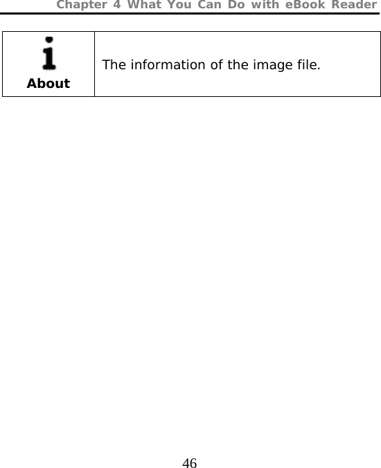 Chapter 4 What You Can Do with eBook Reader  46  About The information of the image file. 