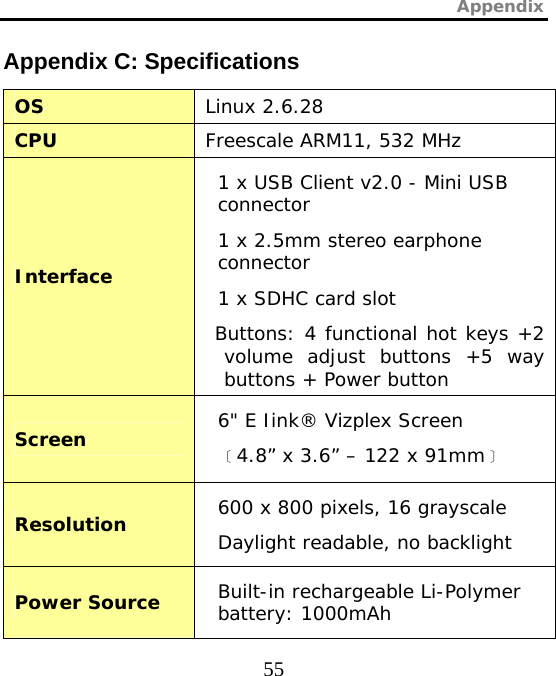 Appendix  55 Appendix C: Specifications OS Linux 2.6.28 CPU  Freescale ARM11, 532 MHz Interface 1 x USB Client v2.0 - Mini USB connector 1 x 2.5mm stereo earphone connector 1 x SDHC card slot Buttons: 4 functional hot keys +2 volume adjust buttons +5 way buttons + Power button Screen  6&quot; E Iink® Vizplex Screen  ﹝4.8” x 3.6” – 122 x 91mm﹞ Resolution  600 x 800 pixels, 16 grayscale Daylight readable, no backlight Power Source  Built-in rechargeable Li-Polymer battery: 1000mAh 