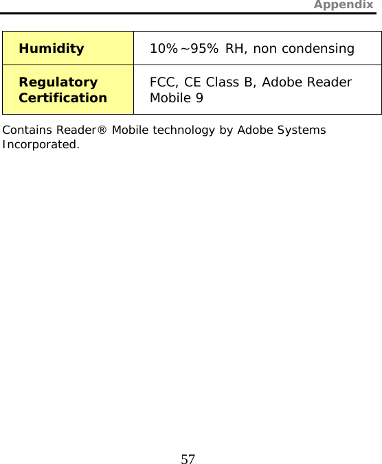 Appendix  57 Humidity  10%~95% RH, non condensing Regulatory Certification  FCC, CE Class B, Adobe Reader Mobile 9 Contains Reader® Mobile technology by Adobe Systems Incorporated. 