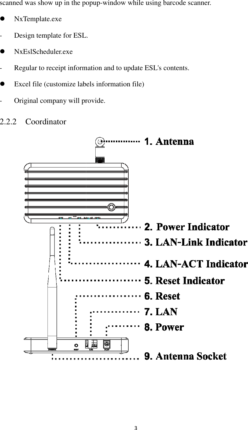 scanned was show up in the popup NxTemplate.exe   - Design template for ESL. NxEslScheduler.exe - Regular to receipt information  Excel file (customize labels information file- Original company will provide2.2.2 Coordinator 3 popup-window while using barcode scanner. template for ESL. Regular to receipt information and to update ESL&apos;s contents. customize labels information file) Original company will provide.   