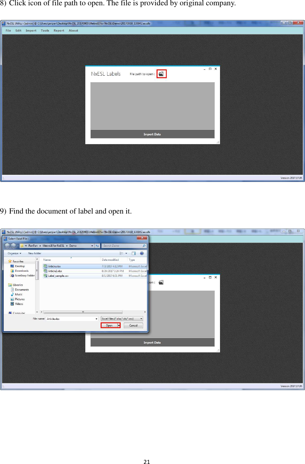 21 8) Click icon of file path to open. The file is provided by original company.   9) Find the document of label and open it.      