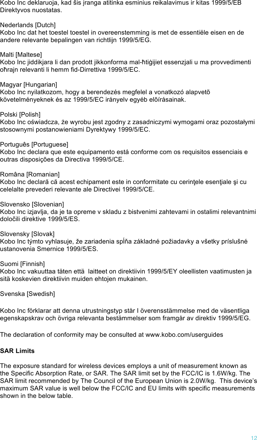 !12 Kobo Inc deklaruoja, kad šis įranga atitinka esminius reikalavimus ir kitas 1999/5/EB Direktyvos nuostatas.   Nederlands [Dutch] Kobo Inc dat het toestel toestel in overeenstemming is met de essentiële eisen en de andere relevante bepalingen van richtlijn 1999/5/EG.   Malti [Maltese] Kobo Inc jiddikjara li dan prodott jikkonforma mal-ħtiġijiet essenzjali u ma provvedimenti oħrajn relevanti li hemm fid-Dirrettiva 1999/5/EC.   Magyar [Hungarian] Kobo Inc nyilatkozom, hogy a berendezés megfelel a vonatkozó alapvetõ követelményeknek és az 1999/5/EC irányelv egyéb elõírásainak.   Polski [Polish] Kobo Inc oświadcza, że wyrobu jest zgodny z zasadniczymi wymogami oraz pozostałymi stosownymi postanowieniami Dyrektywy 1999/5/EC.   Português [Portuguese] Kobo Inc declara que este equipamento está conforme com os requisitos essenciais e outras disposições da Directiva 1999/5/CE.   Româna [Romanian] Kobo Inc declară că acest echipament este in conformitate cu cerinţele esenţiale şi cu celelalte prevederi relevante ale Directivei 1999/5/CE.   Slovensko [Slovenian] Kobo Inc izjavlja, da je ta opreme v skladu z bistvenimi zahtevami in ostalimi relevantnimi določili direktive 1999/5/ES.   Slovensky [Slovak] Kobo Inc týmto vyhlasuje, že zariadenia spĺňa základné požiadavky a všetky príslušné ustanovenia Smernice 1999/5/ES.   Suomi [Finnish] Kobo Inc vakuuttaa täten että  laitteet on direktiivin 1999/5/EY oleellisten vaatimusten ja sitä koskevien direktiivin muiden ehtojen mukainen.   Svenska [Swedish] Kobo Inc förklarar att denna utrustningstyp står I överensstämmelse med de väsentliga egenskapskrav och övriga relevanta bestämmelser som framgår av direktiv 1999/5/EG.  The declaration of conformity may be consulted at www.kobo.com/userguides SAR Limits  The exposure standard for wireless devices employs a unit of measurement known as the Specific Absorption Rate, or SAR. The SAR limit set by the FCC/IC is 1.6W/kg. The SAR limit recommended by The Council of the European Union is 2.0W/kg.  This device’s maximum SAR value is well below the FCC/IC and EU limits with specific measurements shown in the below table.  