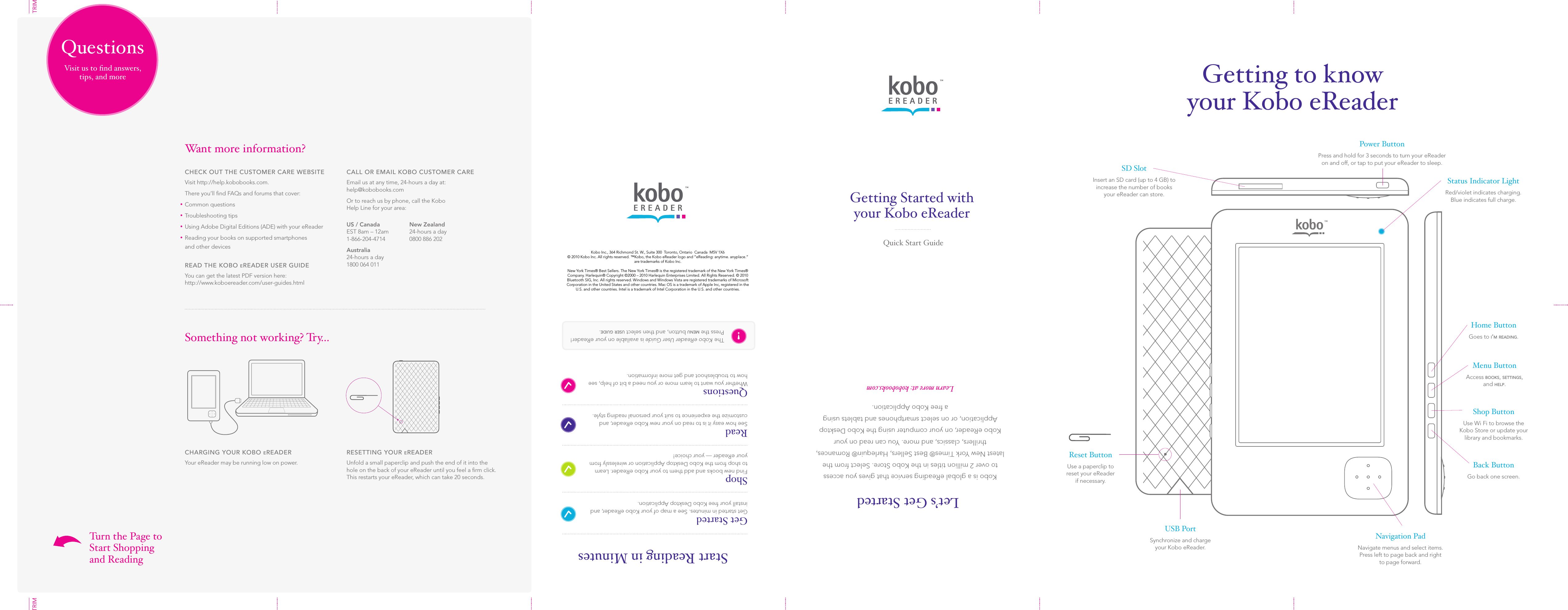     CHECK OUT THE CUSTOMER CARE WEBSITE  Visit http://help.kobobooks.com.   There you’ll ﬁnd FAQs and forums that cover:• Common questions• Troubleshooting tips• Using Adobe Digital Editions (ADE) with your eReader•  Reading your books on supported smartphones  and other devices   READ THE KOBO eREADER USER GUIDE    You can get the latest PDF version here:  http://www.koboereader.com/user-guides.htmlCHARGING YOUR KOBO eREADERYour eReader may be running low on power. RESETTING YOUR eREADERUnfold a small paperclip and push the end of it into the  hole on the back of your eReader until you feel a ﬁrm click.  This restarts your eReader, which can take 20 seconds. QuestionsVisit us to nd answers, tips, and more US / Canada EST 8am – 12am 1-866-204-4714Australia 24-hours a day 1800 064 011 New Zealand 24-hours a day 0800 886 202Something not working? Try…Turn the Page to Start Shopping and ReadingWant more information?Kobo Inc., 364 Richmond St. W., Suite 300  Toronto, Ontario  Canada  M5V 1X6 © 2010 Kobo Inc. All rights reserved. ™Kobo, the Kobo eReader logo and “eReading: anytime. anyplace.”  are trademarks of Kobo Inc.New York Times® Best Sellers. The New York Times® is the registered trademark of the New York Times® Company. Harlequin® Copyright ©2000 – 2010 Harlequin Enterprises Limited. All Rights Reserved. © 2010 Bluetooth SIG, Inc. All rights reserved. Windows and Windows Vista are registered trademarks of Microsoft Corporation in the United States and other countries. Mac OS is a trademark of Apple Inc, registered in the U.S. and other countries. Intel is a trademark of Intel Corporation in the U.S. and other countries.Getting Started with your Kobo eReaderQuick Start GuideGetting to know your Kobo eReaderSD SlotInsert an SD card (up to 4 GB) to increase the number of books your eReader can store.Power ButtonPress and hold for 3 seconds to turn your eReader on and off, or tap to put your eReader to sleep. Navigation PadNavigate menus and select items. Press left to page back and right  to page forward.Home ButtonGoes to i’m r e a d i n g .Menu ButtonAccess b o o k s , s e t t i n g s , and h e l p .Shop ButtonUse Wi Fi to browse the Kobo Store or update your library and bookmarks. Back Button   Go back one screen.Status Indicator LightRed/violet indicates charging.Blue indicates full charge. USB PortSynchronize and charge  your Kobo eReader. Reset ButtonUse a paperclip to reset your eReader if necessary. The Kobo eReader User Guide is available on your eReader!  Press the m e n u  button, and then select u s e r  g u i d e .Get StartedGet started in minutes. See a map of your Kobo eReader, and install your free Kobo Desktop Application.ShopFind new books and add them to your Kobo eReader. Learn to shop from the Kobo Desktop Application or wirelessly from your eReader — your choice!ReadSee how easy it is to read on your new Kobo eReader, and customize the experience to suit your personal reading style.QuestionsWhether you want to learn more or you need a bit of help, see how to troubleshoot and get more information.!Start Reading in MinutesLet’s Get StartedKobo is a global eReading service that gives you access  to over 2 million titles in the Kobo Store. Select from the  latest New York Times® Best Sellers, Harlequin® Romances,  thrillers, classics, and more. You can read on your  Kobo eReader, on your computer using the Kobo Desktop Application, or on select smartphones and tablets using  a free Kobo Application. Learn more at: kobobooks.com CALL OR EMAIL KOBO CUSTOMER CAREEmail us at any time, 24-hours a day at:  help@kobobooks.com Or to reach us by phone, call the Kobo  Help Line for your area:TRIMTRIM