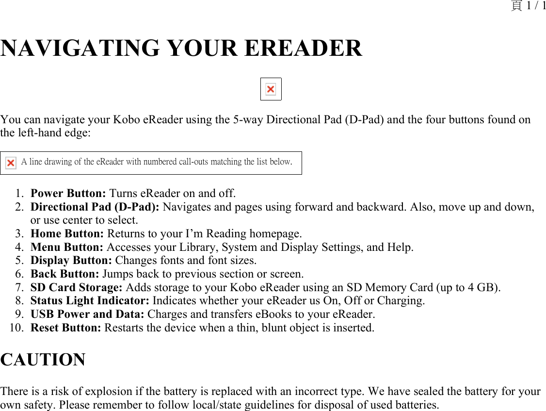 NAVIGATING YOUR EREADER You can navigate your Kobo eReader using the 5-way Directional Pad (D-Pad) and the four buttons found on the left-hand edge:A line drawing of the eReader with numbered call-outs matching the list below.  Power Button: Turns eReader on and off.1.Directional Pad (D-Pad): Navigates and pages using forward and backward. Also, move up and down, or use center to select.2.Home Button: Returns to your I’m Reading homepage.3.Menu Button: Accesses your Library, System and Display Settings, and Help.4.Display Button: Changes fonts and font sizes.5.Back Button: Jumps back to previous section or screen.6.SD Card Storage: Adds storage to your Kobo eReader using an SD Memory Card (up to 4 GB).7.Status Light Indicator: Indicates whether your eReader us On, Off or Charging.8.USB Power and Data: Charges and transfers eBooks to your eReader.9.Reset Button: Restarts the device when a thin, blunt object is inserted.10.CAUTIONThere is a risk of explosion if the battery is replaced with an incorrect type. We have sealed the battery for your own safety. Please remember to follow local/state guidelines for disposal of used batteries.頁 1 / 1