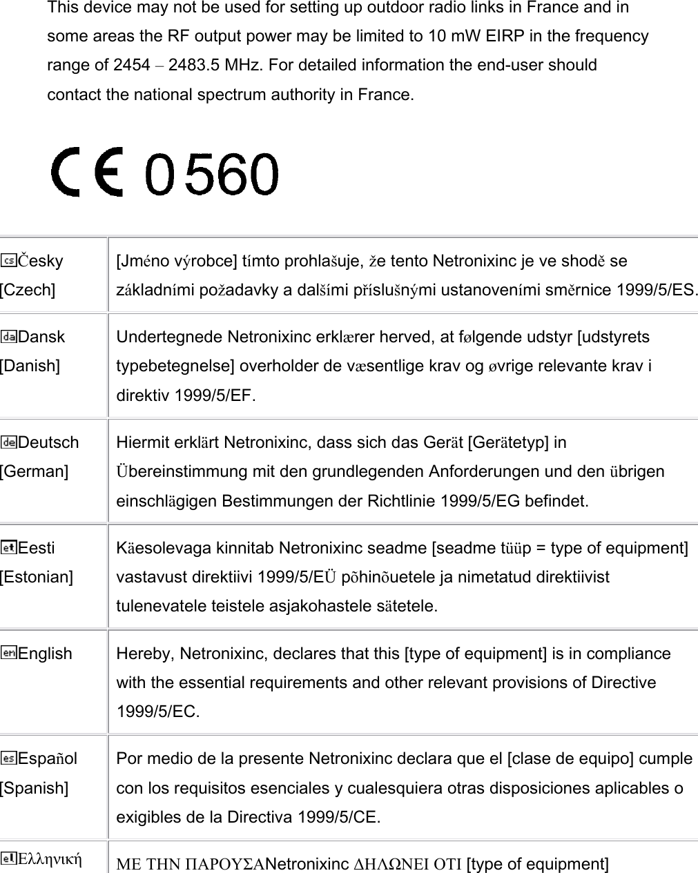 This device may not be used for setting up outdoor radio links in France and in some areas the RF output power may be limited to 10 mW EIRP in the frequency range of 2454 – 2483.5 MHz. For detailed information the end-user should contact the national spectrum authority in France.    Česky [Czech] [Jméno výrobce] tímto prohlašuje, že tento Netronixinc je ve shodě se základními požadavky a dalšími příslušnými ustanoveními směrnice 1999/5/ES.Dansk [Danish] Undertegnede Netronixinc erklærer herved, at følgende udstyr [udstyrets typebetegnelse] overholder de væsentlige krav og øvrige relevante krav i direktiv 1999/5/EF. Deutsch [German] Hiermit erklärt Netronixinc, dass sich das Gerät [Gerätetyp] in Übereinstimmung mit den grundlegenden Anforderungen und den übrigen einschlägigen Bestimmungen der Richtlinie 1999/5/EG befindet. Eesti [Estonian] Käesolevaga kinnitab Netronixinc seadme [seadme tüüp = type of equipment] vastavust direktiivi 1999/5/EÜ põhinõuetele ja nimetatud direktiivist tulenevatele teistele asjakohastele sätetele. English  Hereby, Netronixinc, declares that this [type of equipment] is in compliance with the essential requirements and other relevant provisions of Directive 1999/5/EC. Español [Spanish] Por medio de la presente Netronixinc declara que el [clase de equipo] cumple con los requisitos esenciales y cualesquiera otras disposiciones aplicables o exigibles de la Directiva 1999/5/CE. Ελληνική ΜΕ ΤΗΝ ΠΑΡΟΥΣΑNetronixinc ΔΗΛΩΝΕΙ ΟΤΙ [type of equipment] 