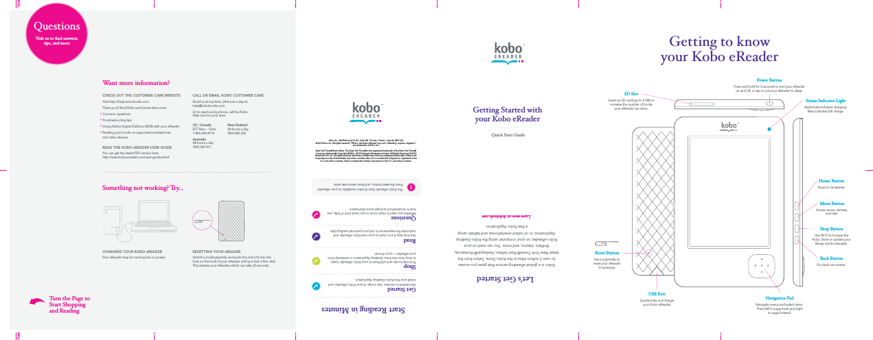   CHECK OUT THE CUSTOMER CARE WEBSITEVisit http://help.kobobooks.com.There you’ll ﬁnd FAQs and forums that cover:UCommon questionsUTroubleshooting tipsUUsing Adobe Digital Editions (ADE) with your eReaderUReading your books on supported smartphones and other devices  READ THE KOBO EREADER USER GUIDE   You can get the latest PDF version here: http://www.koboereader.com/user-guides.htmlCHARGING YOUR KOBO EREADERYour eReader may be running low on power. RESETTING YOUR EREADERUnfold a small paperclip and push the end of it into the hole on the back of your eReader until you feel a ﬁrm click. This restarts your eReader, which can take 20 seconds. Questions9LVLWXVWR¿QGDQVZHUVtips, and moreUS / CanadaEST 8am – 12am1-866-204-4714Australia24-hours a day1800 064 011New Zealand24-hours a day0800 886 202Something not working? Try…Turn the Page toStart Shoppingand ReadingWant more information?Kobo Inc., 364 Richmond St. W., Suite 300  Toronto, Ontario  Canada  M5V 1X6© 2010 Kobo Inc. All rights reserved. ™Kobo, the Kobo eReader logo and “eReading: anytime. anyplace.” are trademarks of Kobo Inc.New York Times® Best Sellers. The New York Times® is the registered trademark of the New York Times® Company. Harlequin® Copyright ©2000 – 2010 Harlequin Enterprises Limited. All Rights Reserved. © 2010 Bluetooth SIG, Inc. All rights reserved. Windows and Windows Vista are registered trademarks of Microsoft Corporation in the United States and other countries. Mac OS is a trademark of Apple Inc, registered in the U.S. and other countries. Intel is a trademark of Intel Corporation in the U.S. and other countries.Getting Started withyour Kobo eReaderQuick Start GuideGetting to knowyour Kobo eReaderSD SlotInsert an SD card (up to 4 GB) to increase the number of books your eReader can store.Power ButtonPress and hold for 3 seconds to turn your eReader on and off, or tap to put your eReader to sleep. Navigation PadNavigate menus and select items.Press left to page back and right to page forward.Home ButtonGoes to I’M READING.Menu ButtonAccess BOOKS,SETTINGS,and HELP.Shop ButtonUse Wi Fi to browse the Kobo Store or update your library and bookmarks. Back Button   Go back one screen.Status Indicator LightRed/violet indicates charging.Blue indicates full charge. USB PortSynchronize and charge your Kobo eReader. Reset ButtonUse a paperclip to reset your eReader if necessary. The Kobo eReader User Guide is available on your eReader! Press the MENU button, and then select USER GUIDE.Get StartedGet started in minutes. See a map of your Kobo eReader, and install your free Kobo Desktop Application.ShopFind new books and add them to your Kobo eReader. Learn to shop from the Kobo Desktop Application or wirelessly from your eReader — your choice!ReadSee how easy it is to read on your new Kobo eReader, and customize the experience to suit your personal reading style.QuestionsWhether you want to learn more or you need a bit of help, see how to troubleshoot and get more information.!Start Reading in MinutesLet’s Get StartedKobo is a global eReading service that gives you access to over 2 million titles in the Kobo Store. Select from the latest New York Times® Best Sellers, Harlequin® Romances, thrillers, classics, and more. You can read on your Kobo eReader, on your computer using the Kobo Desktop Application, or on select smartphones and tablets using a free Kobo Application.Learn more at: kobobooks.comCALL OR EMAIL KOBO CUSTOMER CAREEmail us at any time, 24-hours a day at: help@kobobooks.comOr to reach us by phone, call the Kobo Help Line for your area:TRIMTRIM