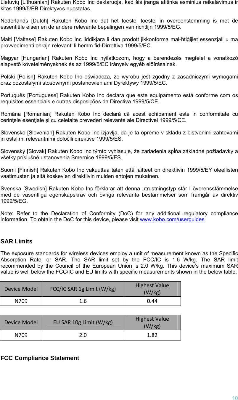   10 Lietuvių [Lithuanian] Rakuten Kobo Inc deklaruoja, kad šis įranga atitinka esminius reikalavimus ir kitas 1999/5/EB Direktyvos nuostatas.   Nederlands [Dutch] Rakuten Kobo Inc dat het toestel toestel in overeenstemming is met de essentiële eisen en de andere relevante bepalingen van richtlijn 1999/5/EG.   Malti [Maltese] Rakuten Kobo Inc jiddikjara li dan prodott jikkonforma mal-ħtiġijiet essenzjali u ma provvedimenti oħrajn relevanti li hemm fid-Dirrettiva 1999/5/EC.   Magyar [Hungarian] Rakuten Kobo Inc nyilatkozom, hogy a berendezés megfelel a vonatkozó alapvetõ követelményeknek és az 1999/5/EC irányelv egyéb elõírásainak.   Polski [Polish] Rakuten Kobo Inc oświadcza,  że wyrobu jest zgodny z zasadniczymi wymogami oraz pozostałymi stosownymi postanowieniami Dyrektywy 1999/5/EC.   Português [Portuguese] Rakuten Kobo Inc declara que este equipamento está conforme com os requisitos essenciais e outras disposições da Directiva 1999/5/CE.   Româna [Romanian] Rakuten Kobo Inc declară că acest echipament este in conformitate cu cerinţele esenţiale şi cu celelalte prevederi relevante ale Directivei 1999/5/CE.   Slovensko [Slovenian] Rakuten Kobo Inc izjavlja, da je ta opreme v skladu z bistvenimi zahtevami in ostalimi relevantnimi določili direktive 1999/5/ES.   Slovensky [Slovak] Rakuten Kobo Inc týmto vyhlasuje, že zariadenia spĺňa základné požiadavky a všetky príslušné ustanovenia Smernice 1999/5/ES.   Suomi [Finnish] Rakuten Kobo Inc vakuuttaa täten että laitteet on direktiivin 1999/5/EY oleellisten vaatimusten ja sitä koskevien direktiivin muiden ehtojen mukainen.   Svenska [Swedish] Rakuten Kobo Inc förklarar att denna utrustningstyp står I överensstämmelse med de väsentliga egenskapskrav och övriga relevanta bestämmelser som framgår av direktiv 1999/5/EG.  Note: Refer to the Declaration of Conformity (DoC) for any additional regulatory compliance information. To obtain the DoC for this device, please visit www.kobo.com/userguides   SAR Limits  The exposure standards for wireless devices employ a unit of measurement known as the Specific Absorption Rate, or SAR. The SAR limit set by the FCC/IC is 1.6 W/kg. The SAR limit recommended by the Council of the European Union is 2.0 W/kg. This device’s maximum SAR value is well below the FCC/IC and EU limits with specific measurements shown in the below table.  Device Model  FCC/IC SAR 1g Limit (W/kg)  Highest Value(W/kg) N709 1.6  0.44     Device Model  EU SAR 10g Limit (W/kg)  Highest Value(W/kg) N709 2.0   1.82   FCC Compliance Statement  