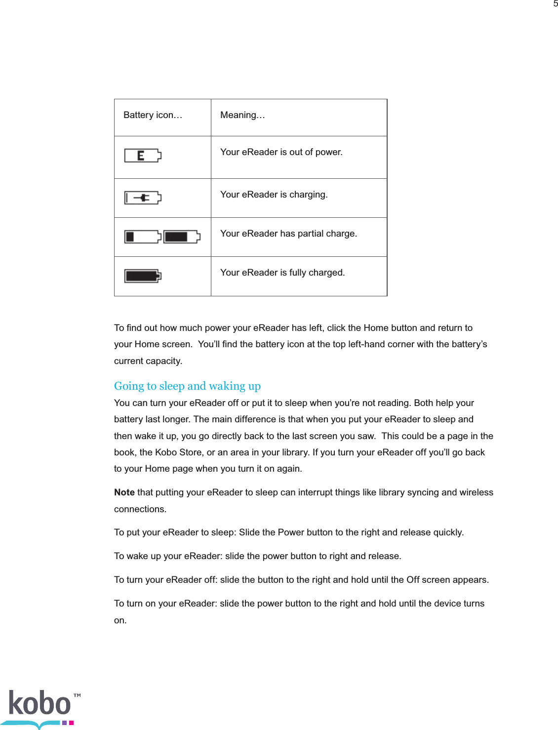 5Battery icon… Meaning…Your eReader is out of power.Your eReader is charging.Your eReader has partial charge.Your eReader is fully charged.To ﬁnd out how much power your eReader has left, click the Home button and return to your Home screen.  You’ll ﬁnd the battery icon at the top left-hand corner with the battery’s current capacity.Going to sleep and waking upYou can turn your eReader off or put it to sleep when you’re not reading. Both help your battery last longer. The main difference is that when you put your eReader to sleep and then wake it up, you go directly back to the last screen you saw.  This could be a page in the book, the Kobo Store, or an area in your library. If you turn your eReader off you’ll go back to your Home page when you turn it on again.Note that putting your eReader to sleep can interrupt things like library syncing and wireless connections.To put your eReader to sleep: Slide the Power button to the right and release quickly.To wake up your eReader: slide the power button to right and release.To turn your eReader off: slide the button to the right and hold until the Off screen appears.To turn on your eReader: slide the power button to the right and hold until the device turns on.