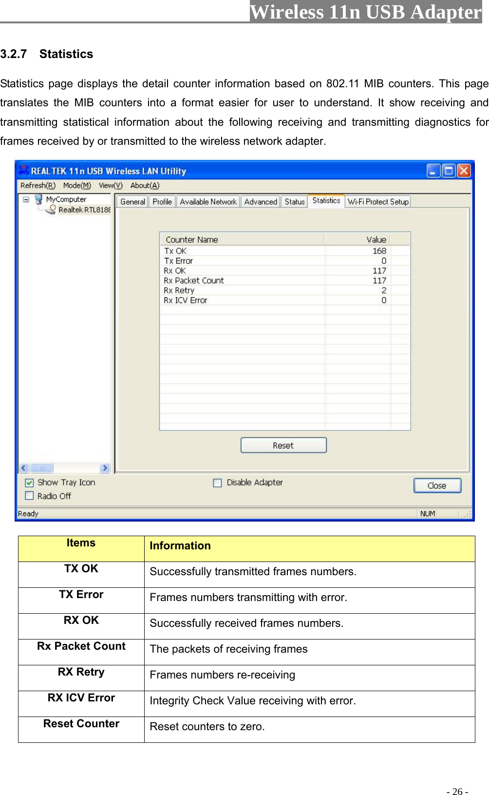                     Wireless 11n USB Adapter       3.2.7  Statistics Statistics page displays the detail counter information based on 802.11 MIB counters. This page translates the MIB counters into a format easier for user to understand. It show receiving and transmitting statistical information about the following receiving and transmitting diagnostics for frames received by or transmitted to the wireless network adapter.   Items  Information TX OK Successfully transmitted frames numbers. TX Error  Frames numbers transmitting with error. RX OK  Successfully received frames numbers. Rx Packet Count  The packets of receiving frames RX Retry  Frames numbers re-receiving RX ICV Error  Integrity Check Value receiving with error. Reset Counter Reset counters to zero.                                                                                          - 26 - 