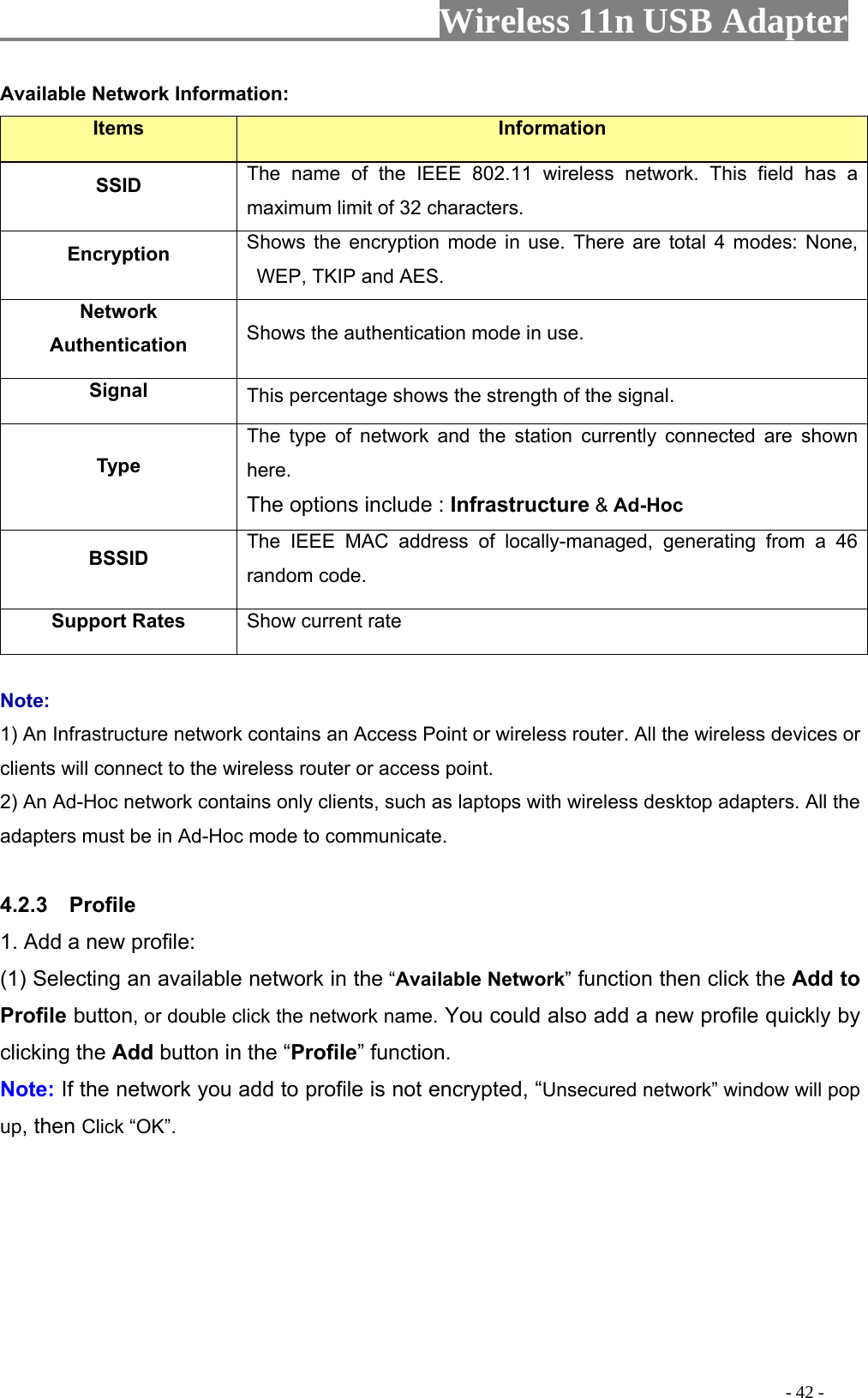                     Wireless 11n USB Adapter       Available Network Information: Items  Information SSID The name of the IEEE 802.11 wireless network. This field has a maximum limit of 32 characters. Encryption  Shows the encryption mode in use. There are total 4 modes: None, WEP, TKIP and AES. Network Authentication  Shows the authentication mode in use. Signal  This percentage shows the strength of the signal. Type The type of network and the station currently connected are shown here. The options include : Infrastructure &amp; Ad-Hoc BSSID  The IEEE MAC address of locally-managed, generating from a 46 random code. Support Rates  Show current rate  Note: 1) An Infrastructure network contains an Access Point or wireless router. All the wireless devices or clients will connect to the wireless router or access point. 2) An Ad-Hoc network contains only clients, such as laptops with wireless desktop adapters. All the adapters must be in Ad-Hoc mode to communicate.  4.2.3  Profile 1. Add a new profile:   (1) Selecting an available network in the “Available Network” function then click the Add to Profile button, or double click the network name. You could also add a new profile quickly by clicking the Add button in the “Profile” function. Note: If the network you add to profile is not encrypted, “Unsecured network” window will pop up, then Click “OK”.                                                                                         - 42 - 