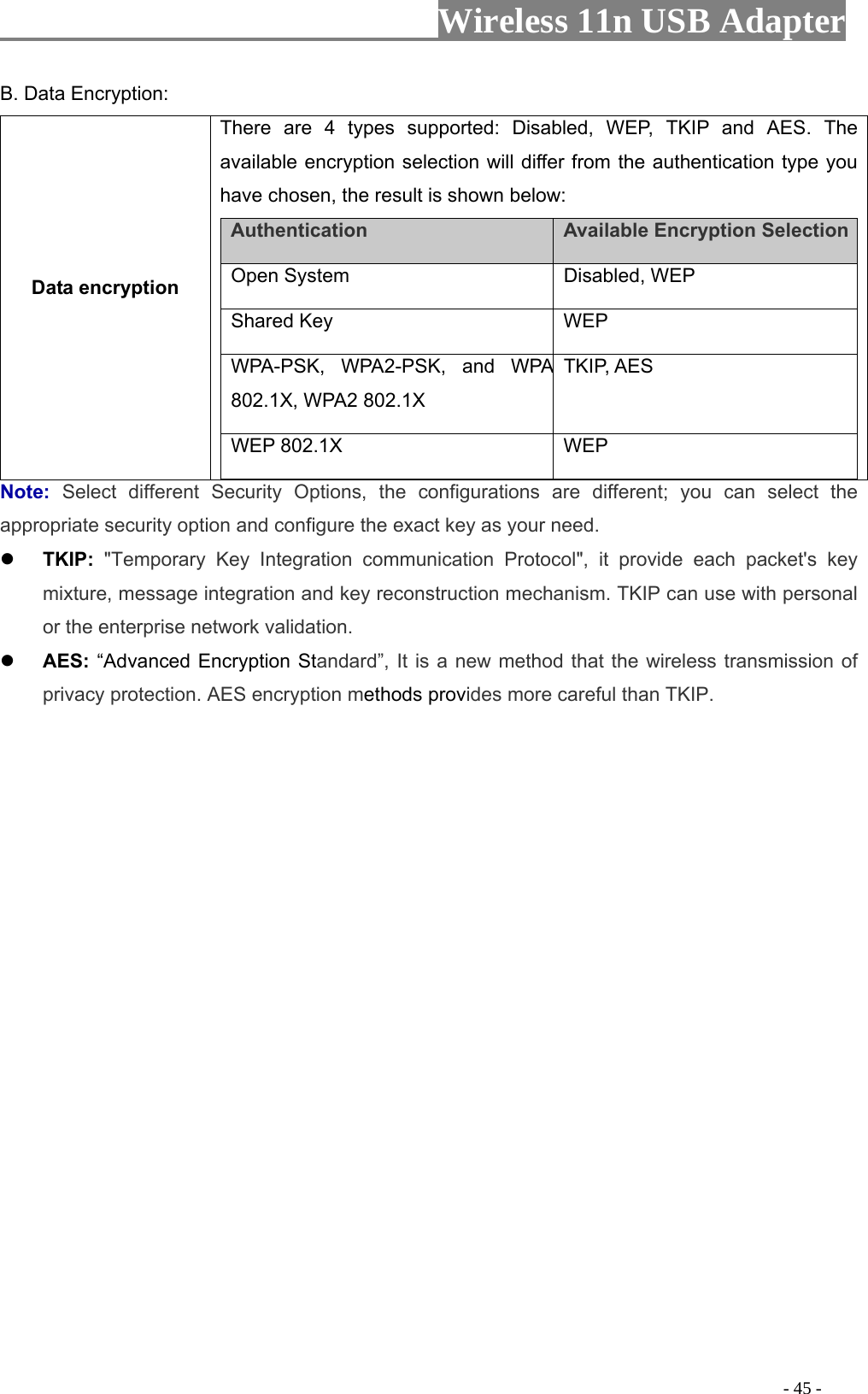                     Wireless 11n USB Adapter       B. Data Encryption: Data encryption There are 4 types supported: Disabled, WEP, TKIP and AES. The available encryption selection will differ from the authentication type you have chosen, the result is shown below:   Authentication   Available Encryption Selection  Open System   Disabled, WEP   Shared Key   WEP  WPA-PSK, WPA2-PSK, and WPA 802.1X, WPA2 802.1X TKIP, AES WEP 802.1X    WEP  Note:  Select different Security Options, the configurations are different; you can select the appropriate security option and configure the exact key as your need.  TKIP: &quot;Temporary Key Integration communication Protocol&quot;, it provide each packet&apos;s key mixture, message integration and key reconstruction mechanism. TKIP can use with personal or the enterprise network validation.  AES: “Advanced Encryption Standard”, It is a new method that the wireless transmission of privacy protection. AES encryption methods provides more careful than TKIP.                                                                                          - 45 - 