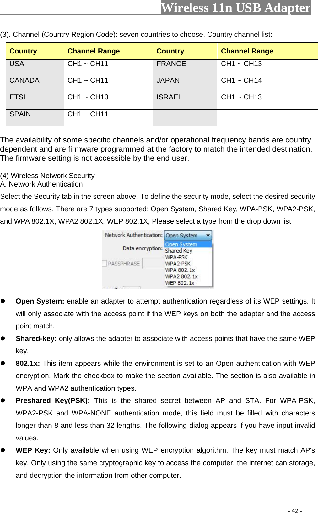                         Wireless 11n USB Adapter                                                                                          - 42 - (3). Channel (Country Region Code): seven countries to choose. Country channel list: Country Channel Range  Country  Channel Range USA  CH1 ~ CH11  FRANCE  CH1 ~ CH13 CANADA  CH1 ~ CH11  JAPAN  CH1 ~ CH14 ETSI  CH1 ~ CH13  ISRAEL  CH1 ~ CH13 SPAIN  CH1 ~ CH11     The availability of some specific channels and/or operational frequency bands are country dependent and are firmware programmed at the factory to match the intended destination. The firmware setting is not accessible by the end user.  (4) Wireless Network Security A. Network Authentication Select the Security tab in the screen above. To define the security mode, select the desired security mode as follows. There are 7 types supported: Open System, Shared Key, WPA-PSK, WPA2-PSK, and WPA 802.1X, WPA2 802.1X, WEP 802.1X, Please select a type from the drop down list   z Open System: enable an adapter to attempt authentication regardless of its WEP settings. It will only associate with the access point if the WEP keys on both the adapter and the access point match. z Shared-key: only allows the adapter to associate with access points that have the same WEP key. z 802.1x: This item appears while the environment is set to an Open authentication with WEP encryption. Mark the checkbox to make the section available. The section is also available in WPA and WPA2 authentication types. z Preshared Key(PSK): This is the shared secret between AP and STA. For WPA-PSK, WPA2-PSK and WPA-NONE authentication mode, this field must be filled with characters longer than 8 and less than 32 lengths. The following dialog appears if you have input invalid values. z WEP Key: Only available when using WEP encryption algorithm. The key must match AP&apos;s key. Only using the same cryptographic key to access the computer, the internet can storage, and decryption the information from other computer. 