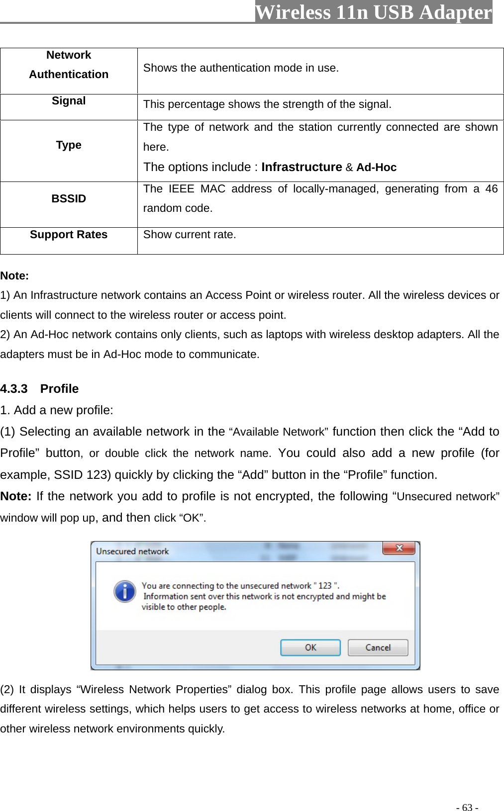                         Wireless 11n USB Adapter                                                                                          - 63 - Network Authentication  Shows the authentication mode in use. Signal  This percentage shows the strength of the signal. Type The type of network and the station currently connected are shown here. The options include : Infrastructure &amp; Ad-Hoc BSSID  The IEEE MAC address of locally-managed, generating from a 46 random code. Support Rates  Show current rate. Note: 1) An Infrastructure network contains an Access Point or wireless router. All the wireless devices or clients will connect to the wireless router or access point. 2) An Ad-Hoc network contains only clients, such as laptops with wireless desktop adapters. All the adapters must be in Ad-Hoc mode to communicate. 4.3.3  Profile 1. Add a new profile:   (1) Selecting an available network in the “Available Network” function then click the “Add to Profile” button, or double click the network name. You could also add a new profile (for example, SSID 123) quickly by clicking the “Add” button in the “Profile” function. Note: If the network you add to profile is not encrypted, the following “Unsecured network” window will pop up, and then click “OK”.  (2) It displays “Wireless Network Properties” dialog box. This profile page allows users to save different wireless settings, which helps users to get access to wireless networks at home, office or other wireless network environments quickly. 