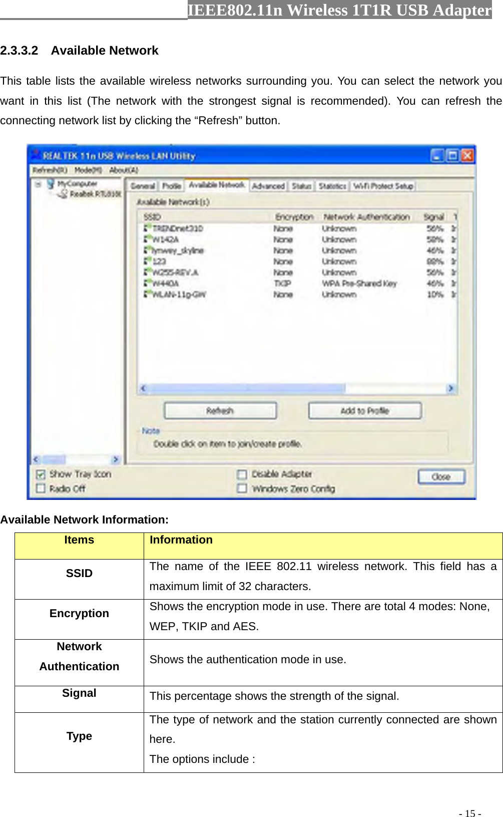                  IEEE802.11n Wireless 1T1R USB Adapter                                                                                          - 15 - 2.3.3.2  Available Network This table lists the available wireless networks surrounding you. You can select the network you want in this list (The network with the strongest signal is recommended). You can refresh the connecting network list by clicking the “Refresh” button.  Available Network Information: Items  Information SSID The name of the IEEE 802.11 wireless network. This field has a maximum limit of 32 characters. Encryption  Shows the encryption mode in use. There are total 4 modes: None, WEP, TKIP and AES. Network Authentication  Shows the authentication mode in use. Signal  This percentage shows the strength of the signal. Type The type of network and the station currently connected are shown here. The options include : 