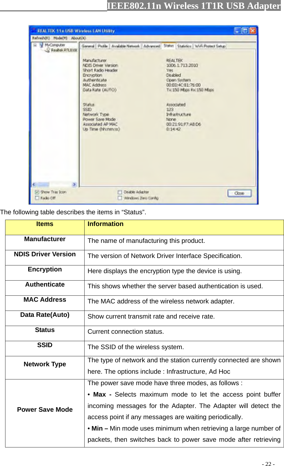                  IEEE802.11n Wireless 1T1R USB Adapter                                                                                          - 22 -  The following table describes the items in “Status”. Items Information Manufacturer The name of manufacturing this product. NDIS Driver Version  The version of Network Driver Interface Specification. Encryption  Here displays the encryption type the device is using. Authenticate  This shows whether the server based authentication is used. MAC Address  The MAC address of the wireless network adapter. Data Rate(Auto)  Show current transmit rate and receive rate. Status  Current connection status. SSID  The SSID of the wireless system. Network Type  The type of network and the station currently connected are shown here. The options include : Infrastructure, Ad Hoc Power Save Mode The power save mode have three modes, as follows : •  Max - Selects maximum mode to let the access point buffer incoming messages for the Adapter. The Adapter will detect the access point if any messages are waiting periodically. • Min – Min mode uses minimum when retrieving a large number of packets, then switches back to power save mode after retrieving 