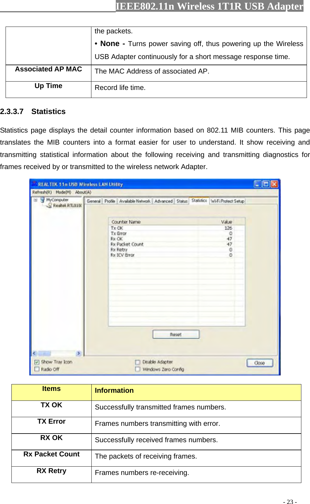                  IEEE802.11n Wireless 1T1R USB Adapter                                                                                          - 23 - the packets. • None - Turns power saving off, thus powering up the Wireless USB Adapter continuously for a short message response time. Associated AP MAC  The MAC Address of associated AP. Up Time  Record life time. 2.3.3.7  Statistics Statistics page displays the detail counter information based on 802.11 MIB counters. This page translates the MIB counters into a format easier for user to understand. It show receiving and transmitting statistical information about the following receiving and transmitting diagnostics for frames received by or transmitted to the wireless network Adapter.  Items  Information TX OK Successfully transmitted frames numbers. TX Error  Frames numbers transmitting with error. RX OK  Successfully received frames numbers. Rx Packet Count  The packets of receiving frames. RX Retry  Frames numbers re-receiving. 