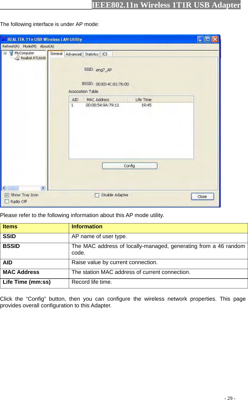                  IEEE802.11n Wireless 1T1R USB Adapter                                                                                          - 29 - The following interface is under AP mode:  Please refer to the following information about this AP mode utility. Items   Information   SSID AP name of user type.   BSSID The MAC address of locally-managed, generating from a 46 random code. AID   Raise value by current connection.   MAC Address  The station MAC address of current connection. Life Time (mm:ss)   Record life time.   Click the “Config” button, then you can configure the wireless network properties. This page provides overall configuration to this Adapter.   