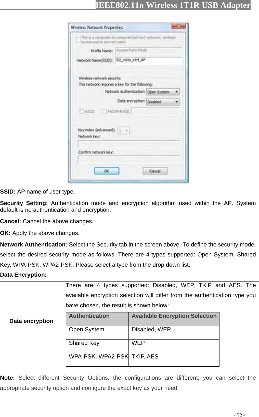                  IEEE802.11n Wireless 1T1R USB Adapter                                                                                          - 52 -  SSID: AP name of user type.   Security Setting: Authentication mode and encryption algorithm used within the AP. System default is no authentication and encryption.   Cancel: Cancel the above changes.   OK: Apply the above changes.   Network Authentication: Select the Security tab in the screen above. To define the security mode, select the desired security mode as follows. There are 4 types supported: Open System, Shared Key, WPA-PSK, WPA2-PSK. Please select a type from the drop down list. Data Encryption: Data encryption There are 4 types supported: Disabled, WEP, TKIP and AES. The available encryption selection will differ from the authentication type you have chosen, the result is shown below:   Authentication    Available Encryption Selection  Open System   Disabled, WEP   Shared Key   WEP  WPA-PSK, WPA2-PSK TKIP, AES  Note:  Select different Security Options, the configurations are different; you can select the appropriate security option and configure the exact key as your need. 