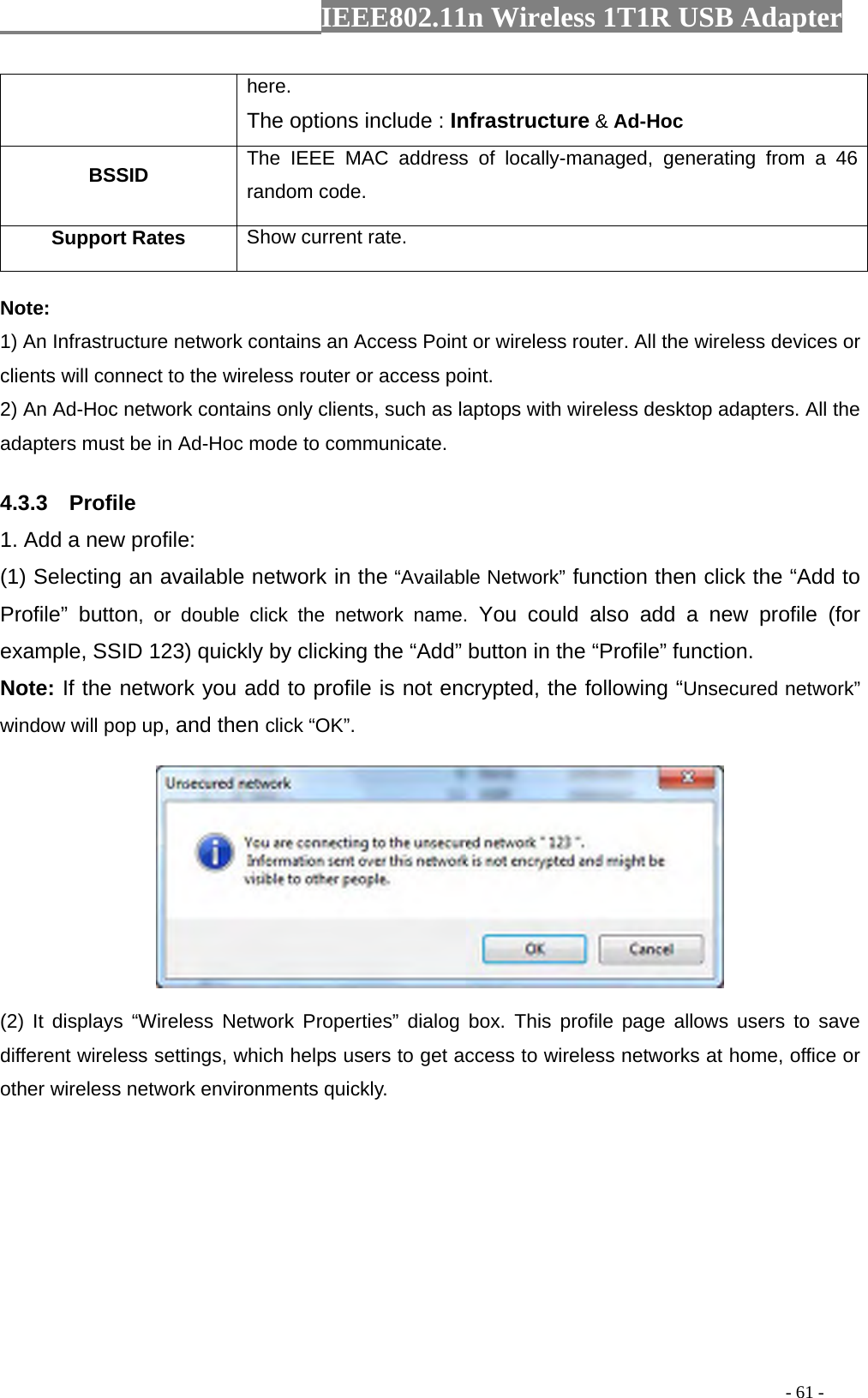                  IEEE802.11n Wireless 1T1R USB Adapter                                                                                          - 61 - here. The options include : Infrastructure &amp; Ad-Hoc BSSID  The IEEE MAC address of locally-managed, generating from a 46 random code. Support Rates  Show current rate. Note: 1) An Infrastructure network contains an Access Point or wireless router. All the wireless devices or clients will connect to the wireless router or access point. 2) An Ad-Hoc network contains only clients, such as laptops with wireless desktop adapters. All the adapters must be in Ad-Hoc mode to communicate. 4.3.3  Profile 1. Add a new profile:   (1) Selecting an available network in the “Available Network” function then click the “Add to Profile” button, or double click the network name. You could also add a new profile (for example, SSID 123) quickly by clicking the “Add” button in the “Profile” function. Note: If the network you add to profile is not encrypted, the following “Unsecured network” window will pop up, and then click “OK”.  (2) It displays “Wireless Network Properties” dialog box. This profile page allows users to save different wireless settings, which helps users to get access to wireless networks at home, office or other wireless network environments quickly. 
