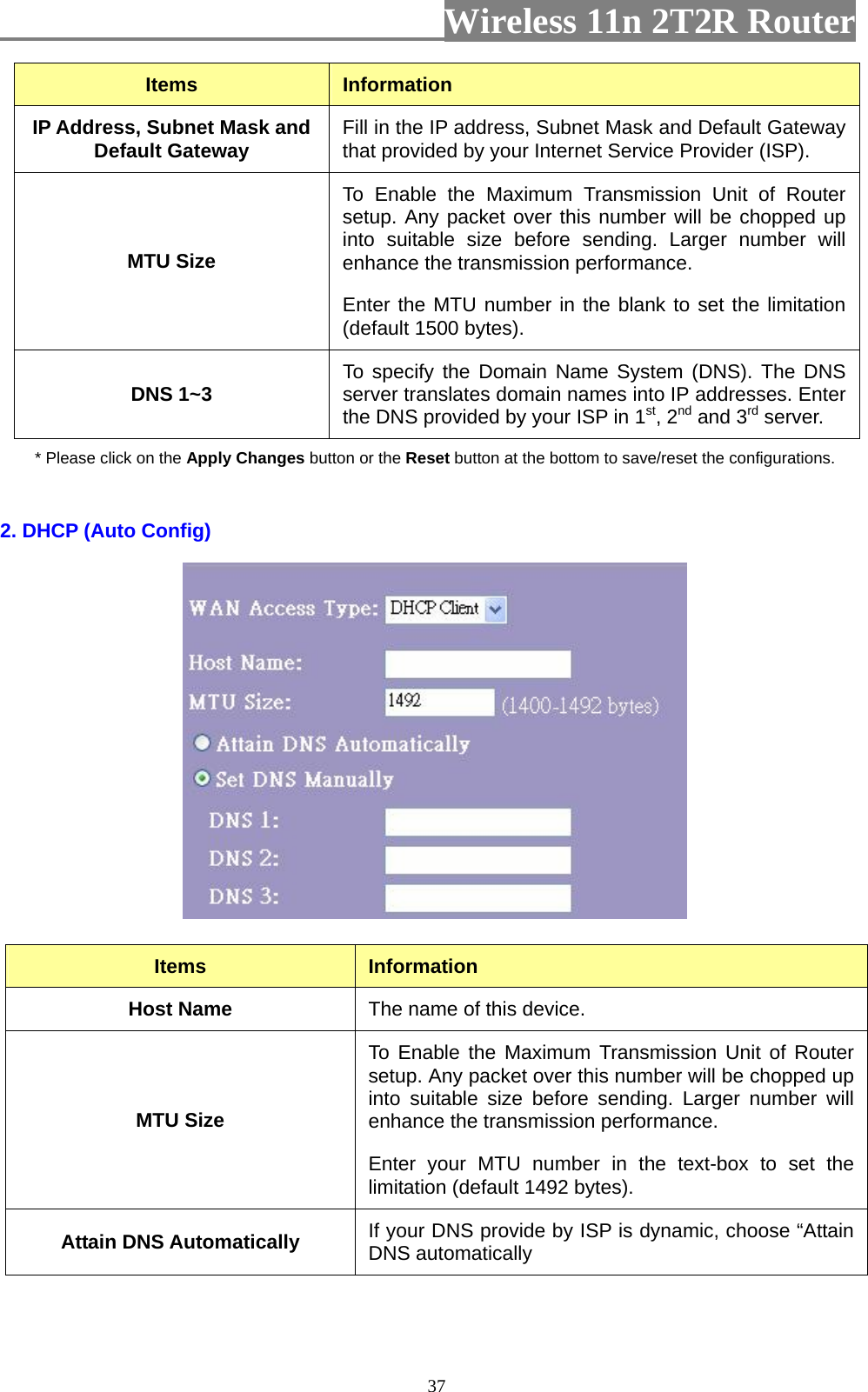                         Wireless 11n 2T2R Router   37Items  Information IP Address, Subnet Mask and Default Gateway  Fill in the IP address, Subnet Mask and Default Gateway that provided by your Internet Service Provider (ISP). MTU Size To Enable the Maximum Transmission Unit of Router setup. Any packet over this number will be chopped up into suitable size before sending. Larger number will enhance the transmission performance.   Enter the MTU number in the blank to set the limitation (default 1500 bytes). DNS 1~3  To specify the Domain Name System (DNS). The DNS server translates domain names into IP addresses. Enter the DNS provided by your ISP in 1st, 2nd and 3rd server. * Please click on the Apply Changes button or the Reset button at the bottom to save/reset the configurations.  2. DHCP (Auto Config)   Items  Information Host Name  The name of this device. MTU Size To Enable the Maximum Transmission Unit of Router setup. Any packet over this number will be chopped up into suitable size before sending. Larger number will enhance the transmission performance.   Enter your MTU number in the text-box to set the limitation (default 1492 bytes). Attain DNS Automatically  If your DNS provide by ISP is dynamic, choose “Attain DNS automatically  