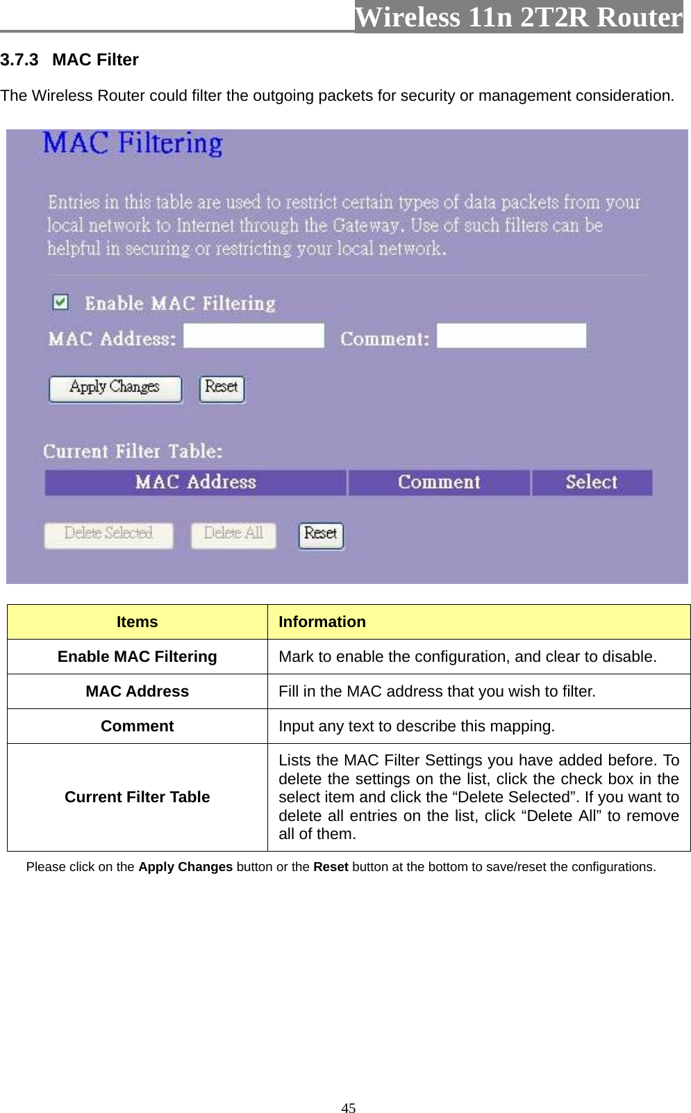                         Wireless 11n 2T2R Router   453.7.3  MAC Filter   The Wireless Router could filter the outgoing packets for security or management consideration.    Items  Information Enable MAC Filtering  Mark to enable the configuration, and clear to disable. MAC Address  Fill in the MAC address that you wish to filter. Comment  Input any text to describe this mapping. Current Filter Table Lists the MAC Filter Settings you have added before. To delete the settings on the list, click the check box in the select item and click the “Delete Selected”. If you want to delete all entries on the list, click “Delete All” to remove all of them. Please click on the Apply Changes button or the Reset button at the bottom to save/reset the configurations.  