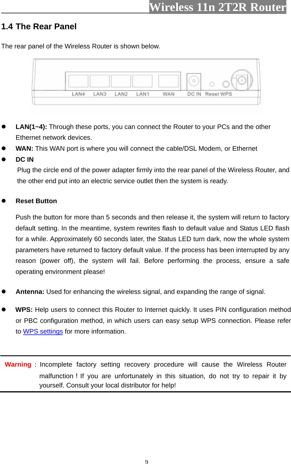                         Wireless 11n 2T2R Router   91.4 The Rear Panel  The rear panel of the Wireless Router is shown below.   LAN(1~4): Through these ports, you can connect the Router to your PCs and the other Ethernet network devices.    WAN: This WAN port is where you will connect the cable/DSL Modem, or Ethernet  DC IN Plug the circle end of the power adapter firmly into the rear panel of the Wireless Router, and the other end put into an electric service outlet then the system is ready.    Reset Button Push the button for more than 5 seconds and then release it, the system will return to factory default setting. In the meantime, system rewrites flash to default value and Status LED flash for a while. Approximately 60 seconds later, the Status LED turn dark, now the whole system parameters have returned to factory default value. If the process has been interrupted by any reason (power off), the system will fail. Before performing the process, ensure a safe operating environment please!  Antenna: Used for enhancing the wireless signal, and expanding the range of signal.   WPS: Help users to connect this Router to Internet quickly. It uses PIN configuration method or PBC configuration method, in which users can easy setup WPS connection. Please refer to WPS settings for more information.  Warning：Incomplete factory setting recovery procedure will cause the Wireless Router malfunction！If you are unfortunately in this situation, do not try to repair it by yourself. Consult your local distributor for help!    