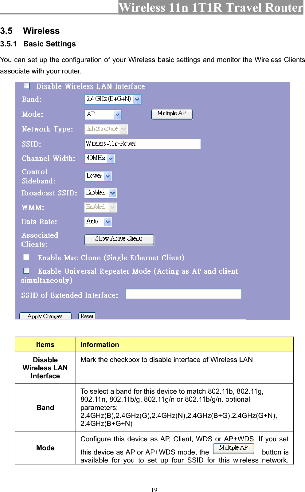 Wireless 11n 1T1R Travel Router 193.5 Wireless 3.5.1 Basic Settings   You can set up the configuration of your Wireless basic settings and monitor the Wireless Clients associate with your router.   Items InformationDisableWireless LAN InterfaceMark the checkbox to disable interface of Wireless LAN BandTo select a band for this device to match 802.11b, 802.11g, 802.11n, 802.11b/g, 802.11g/n or 802.11b/g/n. optional parameters: 2.4GHz(B),2.4GHz(G),2.4GHz(N),2.4GHz(B+G),2.4GHz(G+N), 2.4GHz(B+G+N)ModeConfigure this device as AP, Client, WDS or AP+WDS. If you set this device as AP or AP+WDS mode, the    button is available for you to set up four SSID for this wireless network. 