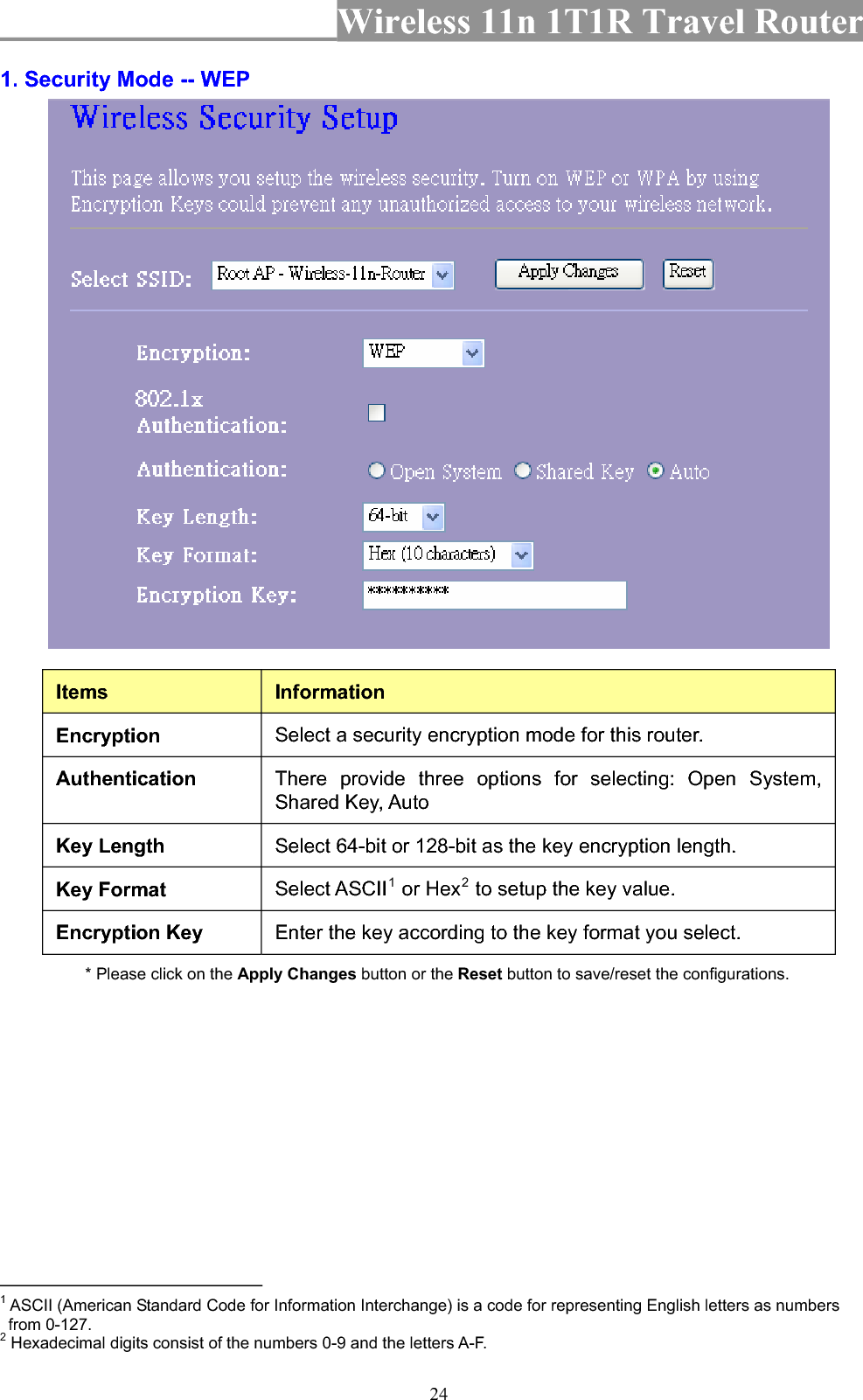 Wireless 11n 1T1R Travel Router 241. Security Mode -- WEP Items InformationEncryption  Select a security encryption mode for this router.   Authentication There provide three options for selecting: Open System, Shared Key, Auto Key Length  Select 64-bit or 128-bit as the key encryption length. Key Format  Select ASCII1 or Hex2 to setup the key value. Encryption Key  Enter the key according to the key format you select. * Please click on the Apply Changes button or the Reset button to save/reset the configurations. 1 ASCII (American Standard Code for Information Interchange) is a code for representing English letters as numbers from 0-127. 2 Hexadecimal digits consist of the numbers 0-9 and the letters A-F. 