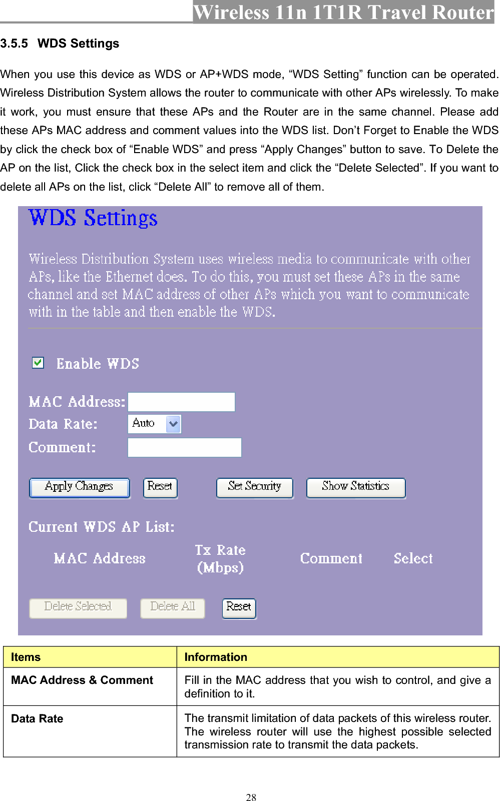 Wireless 11n 1T1R Travel Router 283.5.5 WDS Settings When you use this device as WDS or AP+WDS mode, “WDS Setting” function can be operated. Wireless Distribution System allows the router to communicate with other APs wirelessly. To make it work, you must ensure that these APs and the Router are in the same channel. Please add these APs MAC address and comment values into the WDS list. Don’t Forget to Enable the WDS by click the check box of “Enable WDS” and press “Apply Changes” button to save. To Delete the AP on the list, Click the check box in the select item and click the “Delete Selected”. If you want to delete all APs on the list, click “Delete All” to remove all of them. Items InformationMAC Address &amp; Comment  Fill in the MAC address that you wish to control, and give a definition to it. Data Rate  The transmit limitation of data packets of this wireless router. The wireless router will use the highest possible selected transmission rate to transmit the data packets. 