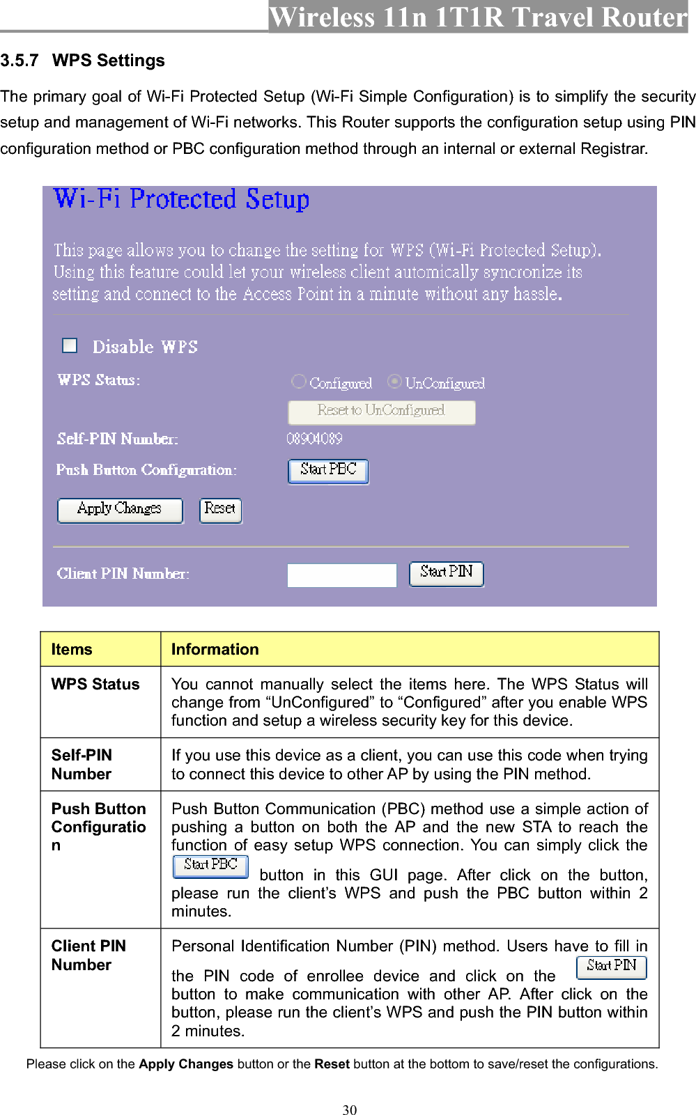 Wireless 11n 1T1R Travel Router 303.5.7 WPS Settings The primary goal of Wi-Fi Protected Setup (Wi-Fi Simple Configuration) is to simplify the security setup and management of Wi-Fi networks. This Router supports the configuration setup using PIN configuration method or PBC configuration method through an internal or external Registrar. Items InformationWPS Status  You cannot manually select the items here. The WPS Status will change from “UnConfigured” to “Configured” after you enable WPS function and setup a wireless security key for this device.   Self-PINNumberIf you use this device as a client, you can use this code when trying to connect this device to other AP by using the PIN method.   Push Button ConfigurationPush Button Communication (PBC) method use a simple action of pushing a button on both the AP and the new STA to reach the function of easy setup WPS connection. You can simply click the  button in this GUI page. After click on the button, please run the client’s WPS and push the PBC button within 2 minutes.Client PIN NumberPersonal Identification Number (PIN) method. Users have to fill in the PIN code of enrollee device and click on the  button to make communication with other AP. After click on the button, please run the client’s WPS and push the PIN button within 2 minutes.Please click on the Apply Changes button or the Reset button at the bottom to save/reset the configurations. 