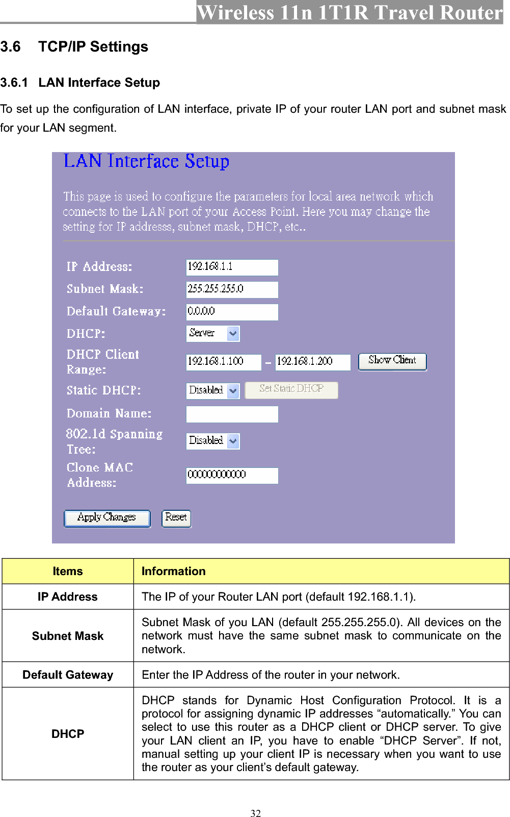 Wireless 11n 1T1R Travel Router 323.6 TCP/IP Settings 3.6.1 LAN Interface Setup To set up the configuration of LAN interface, private IP of your router LAN port and subnet mask for your LAN segment. Items InformationIP Address  The IP of your Router LAN port (default 192.168.1.1). Subnet Mask Subnet Mask of you LAN (default 255.255.255.0). All devices on the network must have the same subnet mask to communicate on the network.Default Gateway  Enter the IP Address of the router in your network. DHCPDHCP stands for Dynamic Host Configuration Protocol. It is a protocol for assigning dynamic IP addresses “automatically.” You can select to use this router as a DHCP client or DHCP server. To give your LAN client an IP, you have to enable “DHCP Server”. If not, manual setting up your client IP is necessary when you want to use the router as your client’s default gateway. 