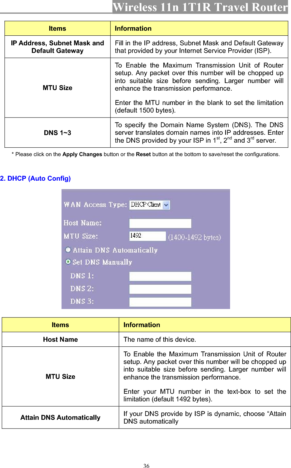 Wireless 11n 1T1R Travel Router 36Items InformationIP Address, Subnet Mask and Default Gateway Fill in the IP address, Subnet Mask and Default Gateway that provided by your Internet Service Provider (ISP). MTU Size To Enable the Maximum Transmission Unit of Router setup. Any packet over this number will be chopped up into suitable size before sending. Larger number will enhance the transmission performance.   Enter the MTU number in the blank to set the limitation (default 1500 bytes). DNS 1~3 To specify the Domain Name System (DNS). The DNS server translates domain names into IP addresses. Enter the DNS provided by your ISP in 1st, 2nd and 3rd server. * Please click on the Apply Changes button or the Reset button at the bottom to save/reset the configurations. 2. DHCP (Auto Config) Items InformationHost Name  The name of this device. MTU Size To Enable the Maximum Transmission Unit of Router setup. Any packet over this number will be chopped up into suitable size before sending. Larger number will enhance the transmission performance.   Enter your MTU number in the text-box to set the limitation (default 1492 bytes). Attain DNS Automatically  If your DNS provide by ISP is dynamic, choose “Attain DNS automatically 